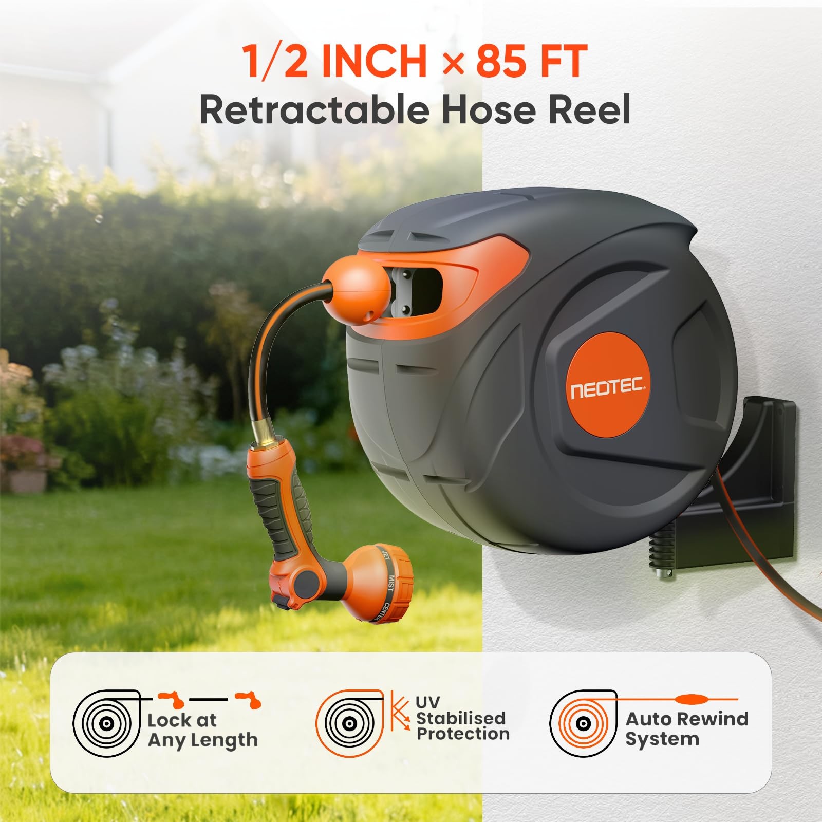 NEOTEC 1/2-Inch x 85ft Retractable Wall Mounted Garden Hose Reel