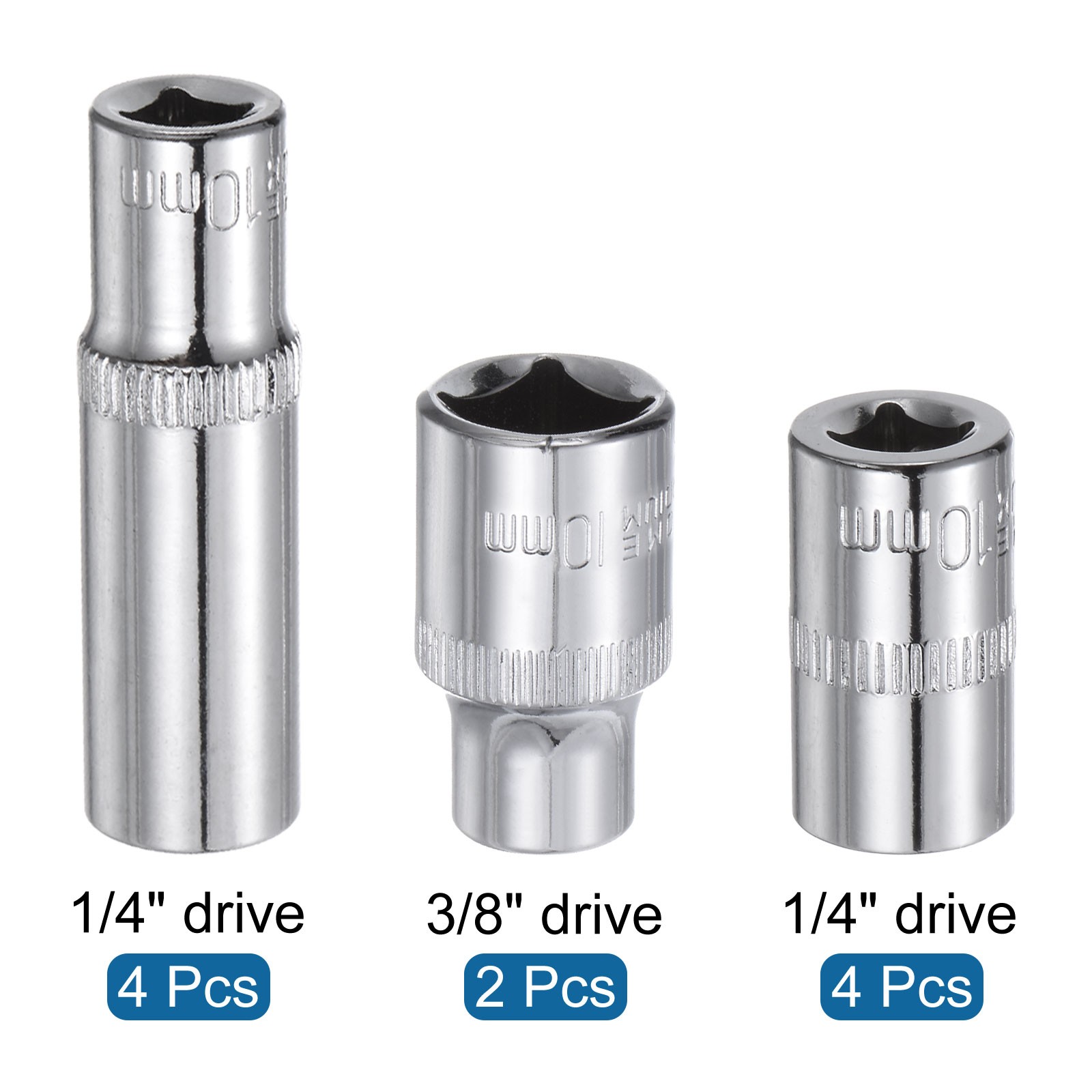 10pcs 6-Point Shallow Socket 10mm 3/8 1/4" Drive Cr-V Deep Shallow Socket