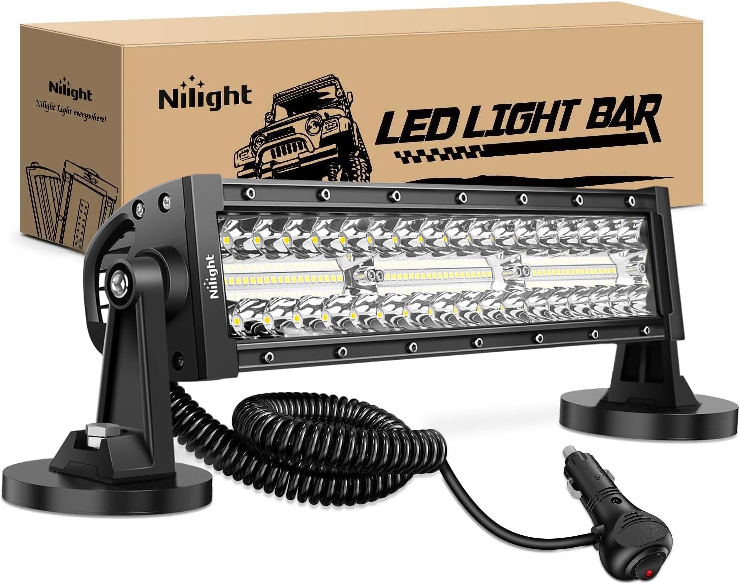 Nilight LED Light Bar 13.5 Inch Cigarette Lighter Wiring Strong Magnetic Base