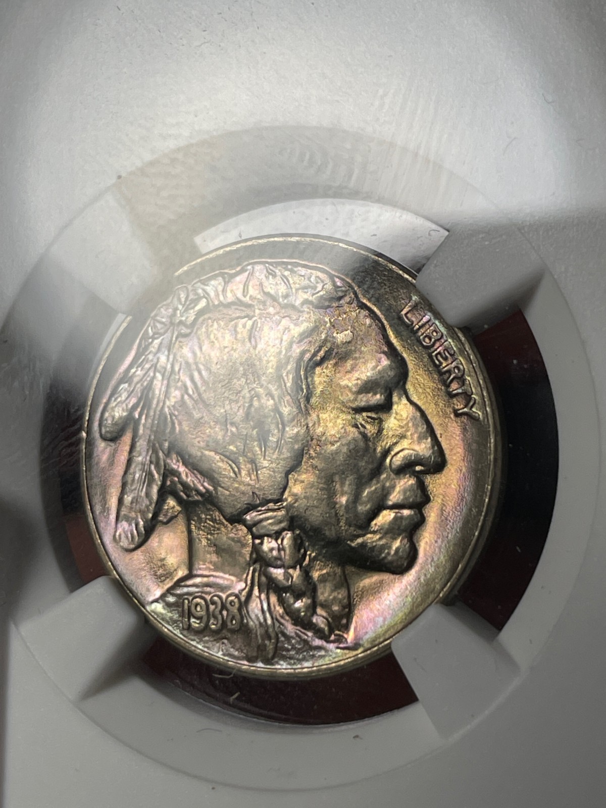 1938-D NGC MS67+ CAC Buffalo Nickel Rainbow Toned
