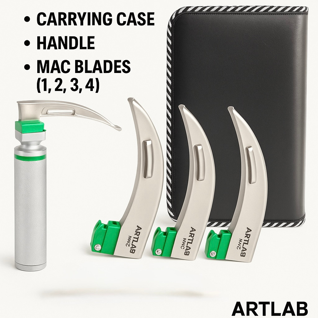 FIBER-OPTIC LARYNGOSCOPE SET OF 4 INTUBATION BLADES 1,2,3,4 + MEDIUM HANDLE