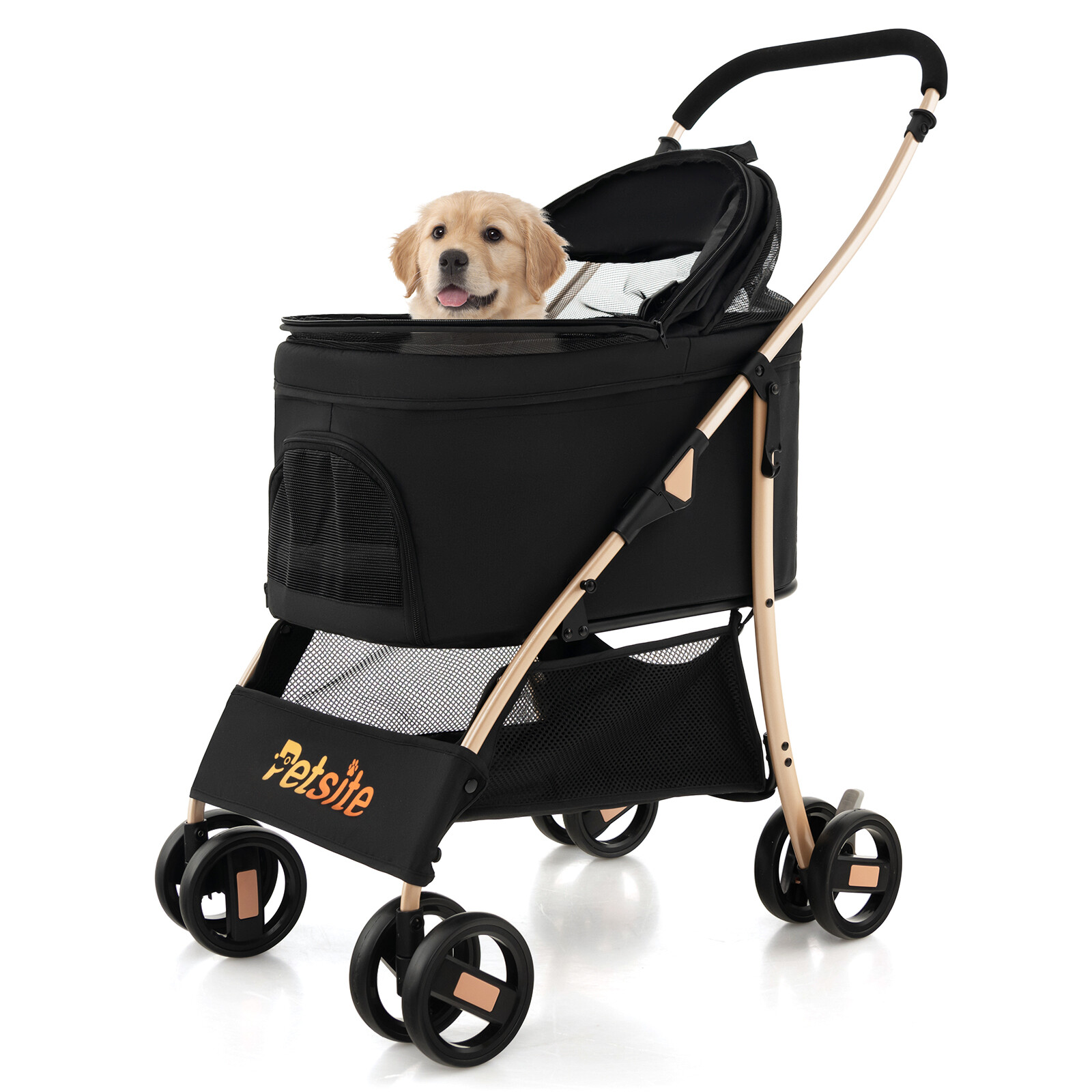 3-in-1 Foldable Pet Stroller with Storage Basket, Removable Car Seat Carrier