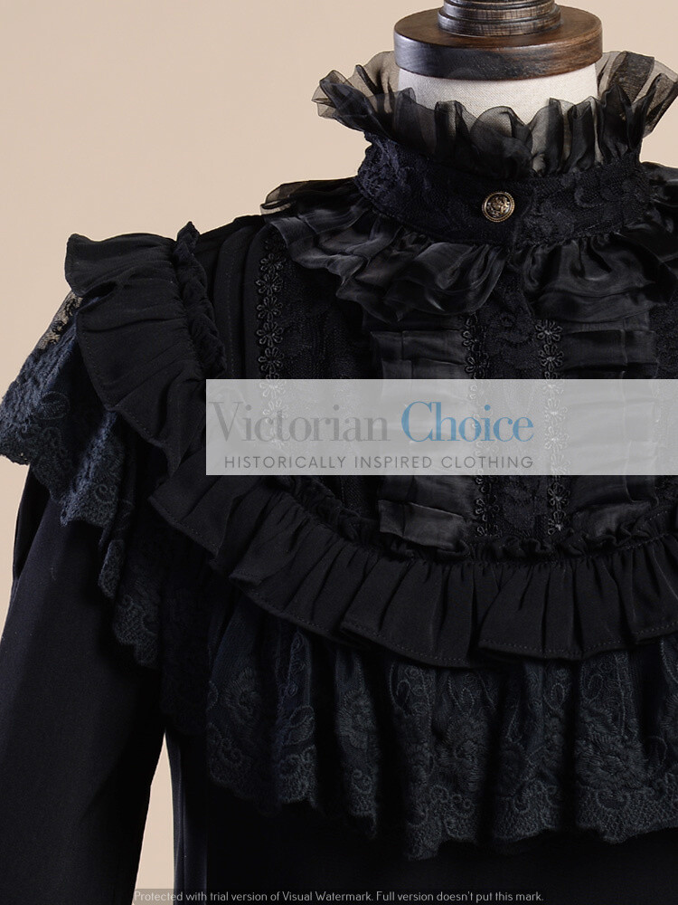Victorian Edwardian Gothic High Collar Black Blouse Shirt Steampunk Witch B008
