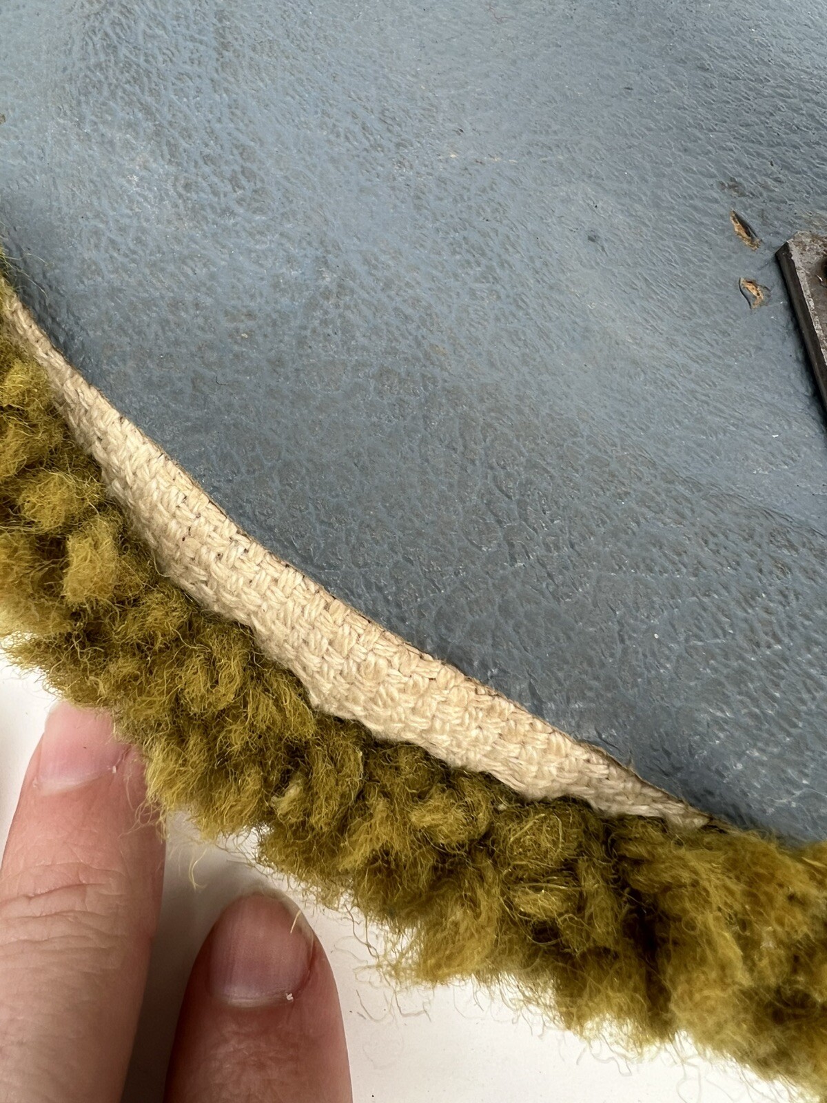 Vtg Round Footstool Floral Hooked Rug Top Wooden Legs MCM 8.75 x 12” Avacado