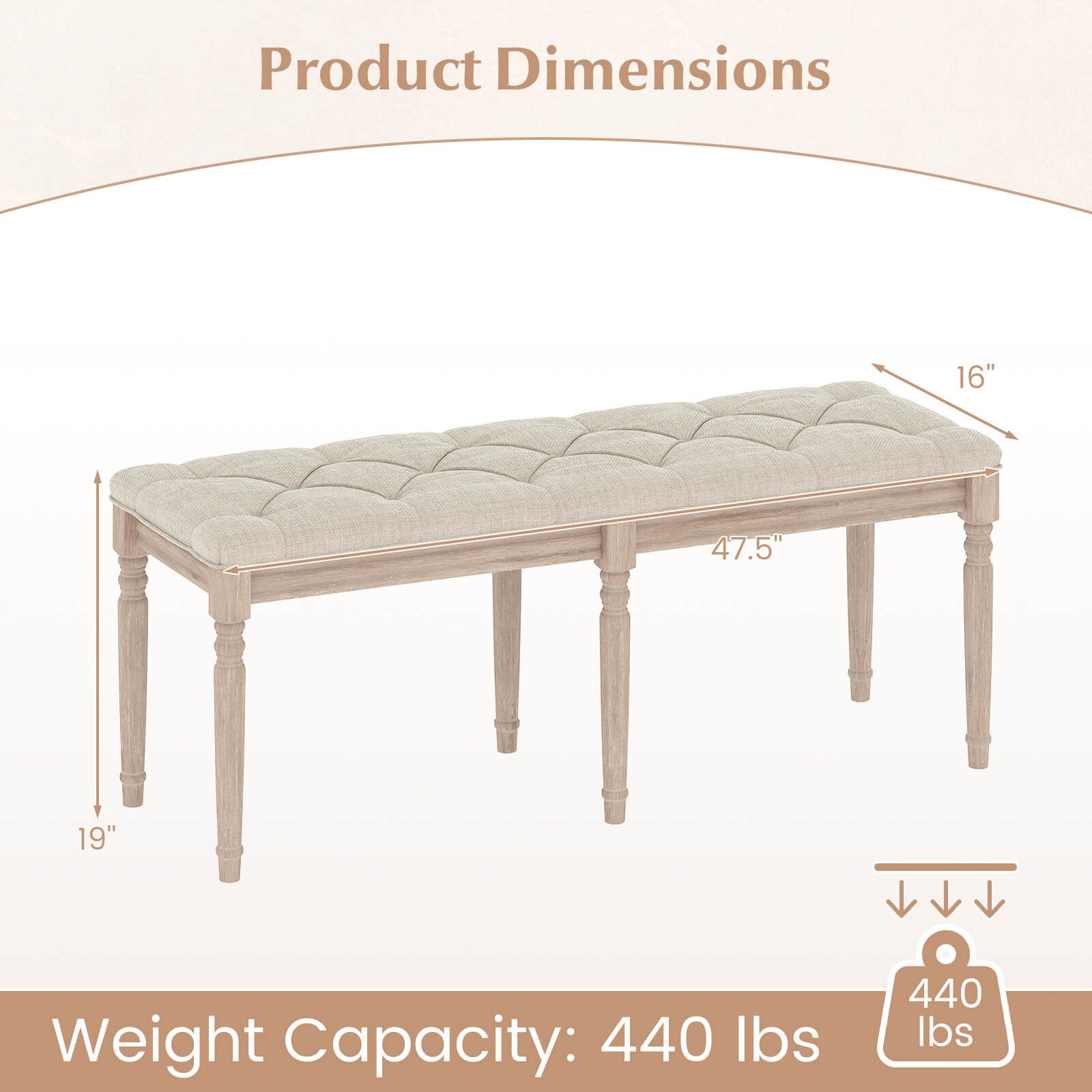 47.5” End of Bed Bench with Tufted Decoration & Antiqued Legs for Living Room