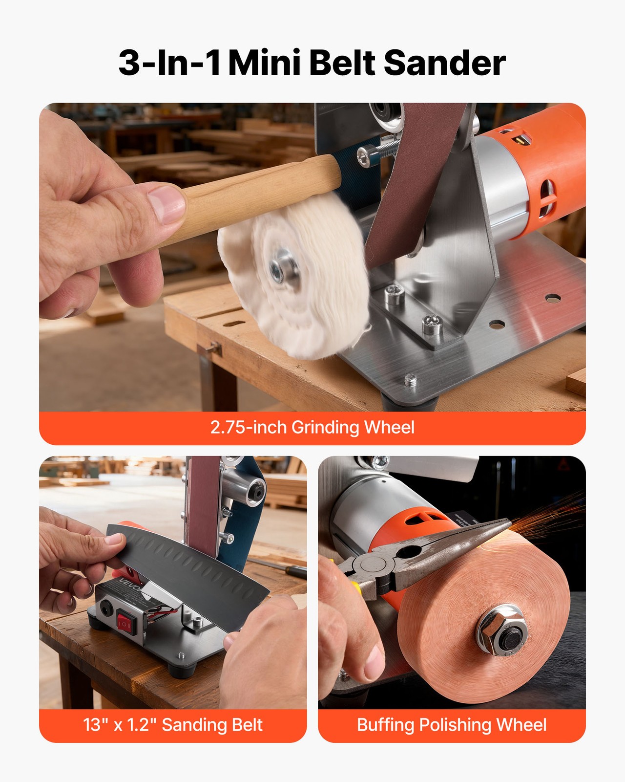 VEVOR 3-in-1 Mini Belt Sander Grinder Polisher Combo with 7 Speeds Adjustment