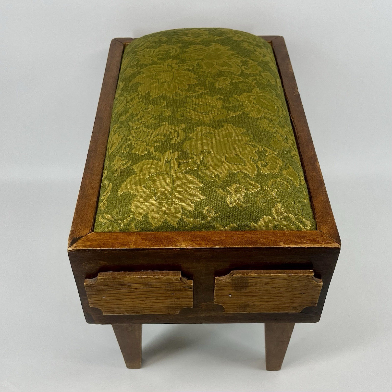 Antique Mission Style Arts & Crafts Wood Foot Stool w/ Green Damask Fabric Top