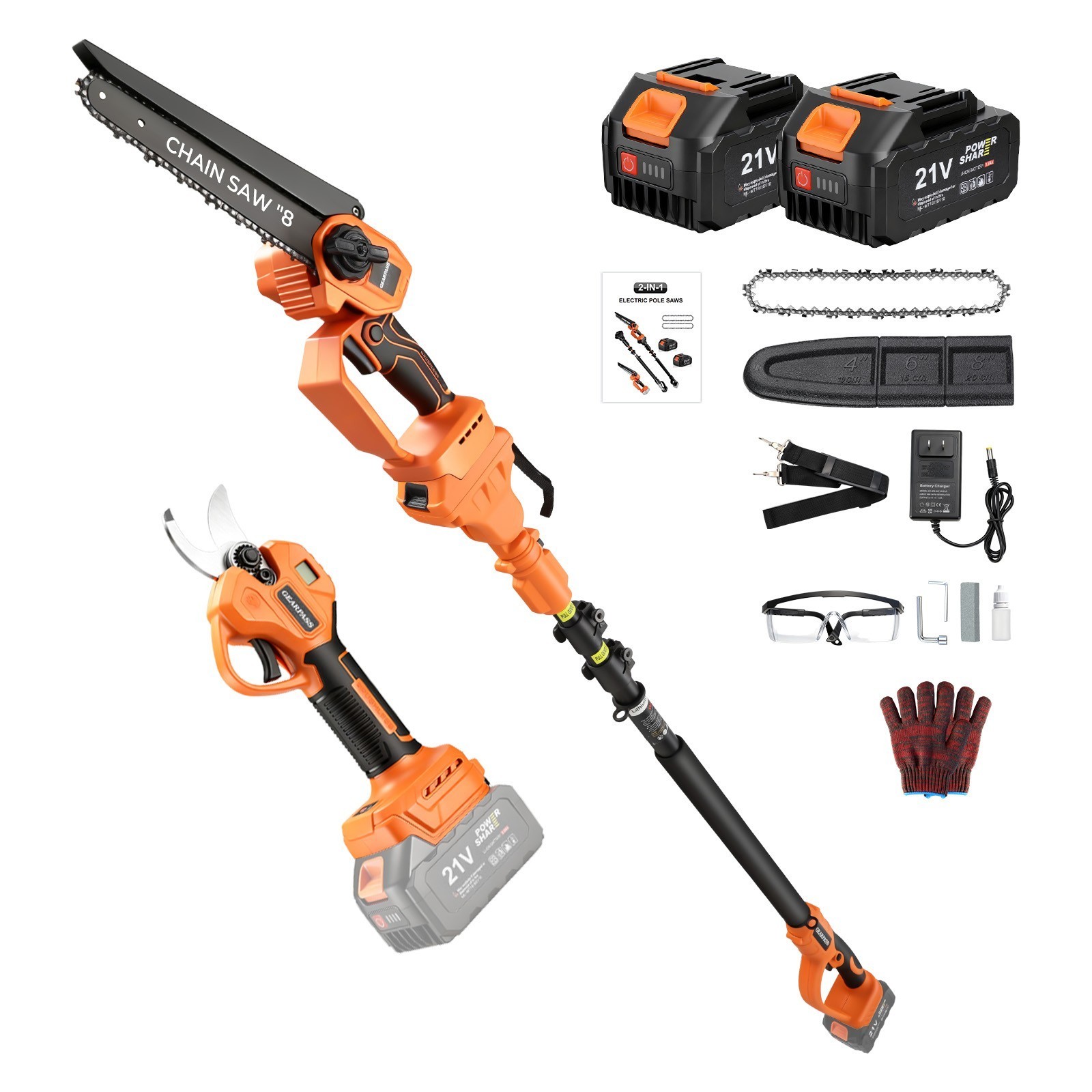4-in-1 Cordless Pole Saw & Pruning Shears Combo Kit 16FT Reach 8" Chainsaw
