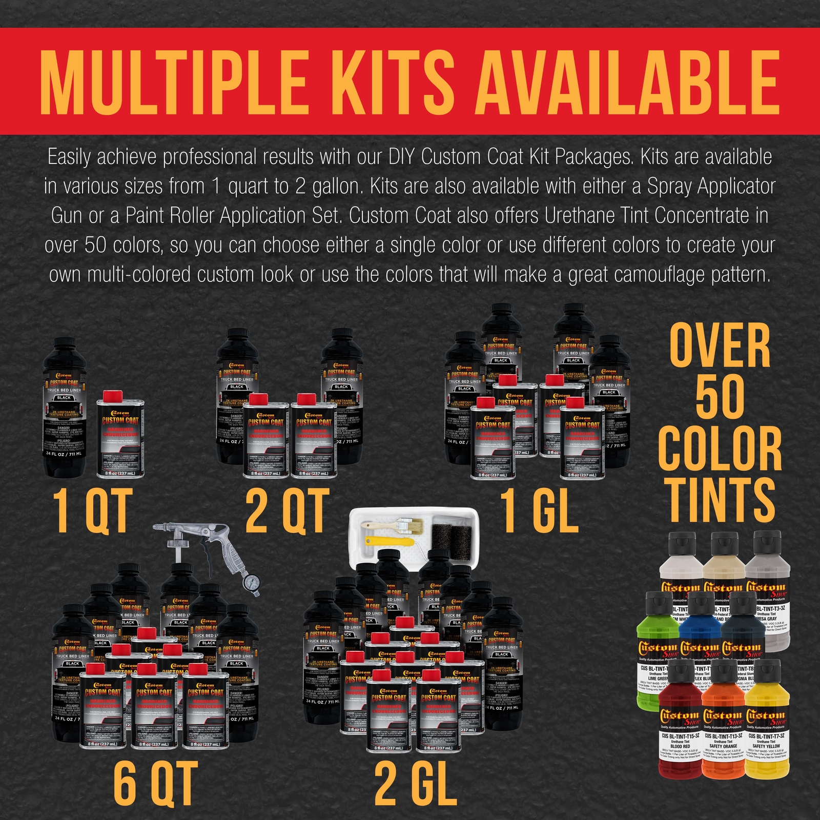 Bed Liner CUSTOM COAT BLACK 2 Gal Urethane Spray-On Truck Kit FREE Spray Gun