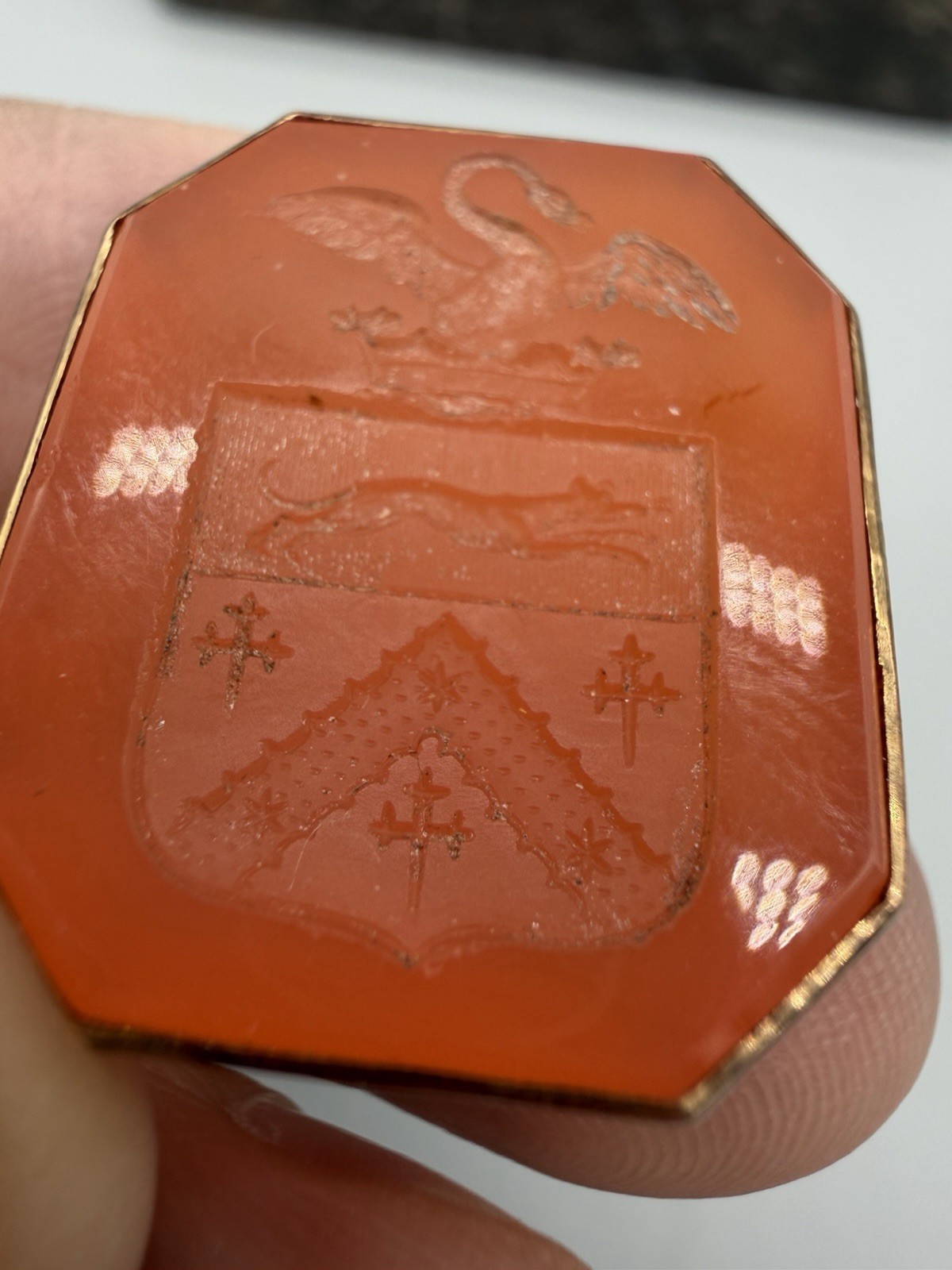 Antique Victorian 15k Gold Mounted Carnelian Seal Fob with Family Crest