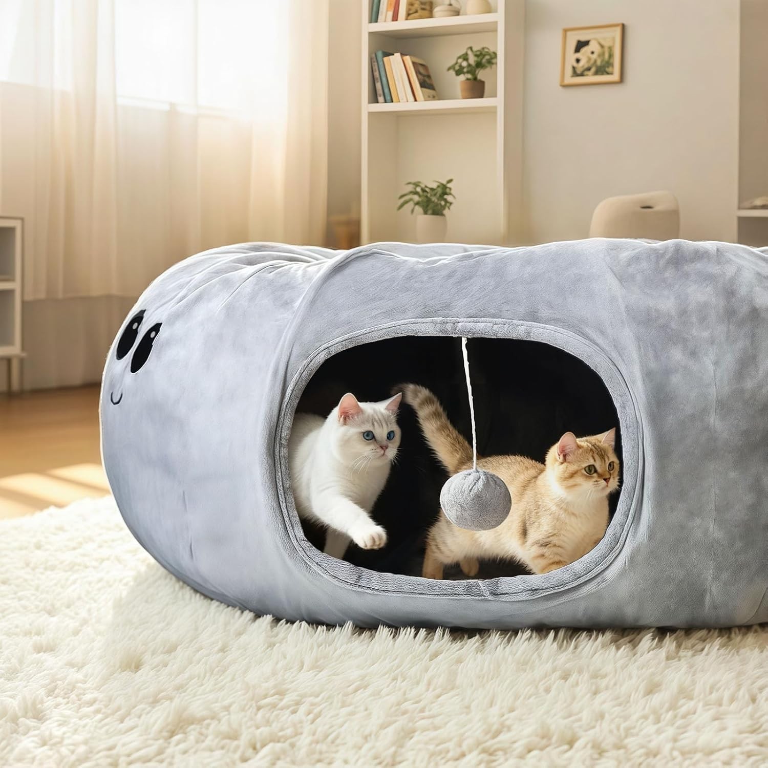 2-in-1 Cat Tunnel Bed with 20 Cat Toys, Washable Peekaboo Cat Cave Bed