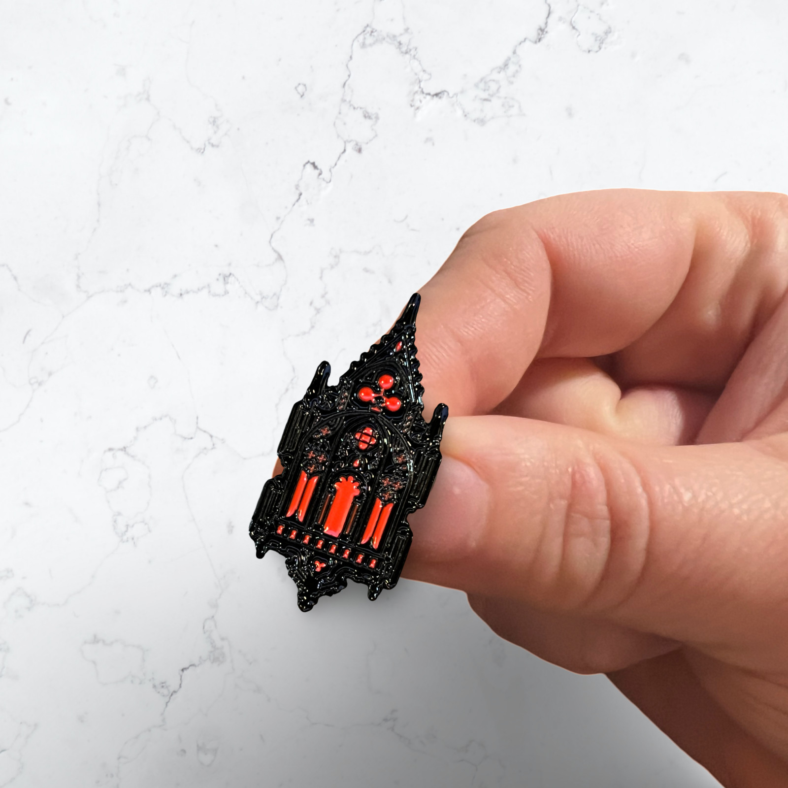 Gothic Cathedral Stained Glass Enamel Pin - Red & Black Unique Gothic Elegance