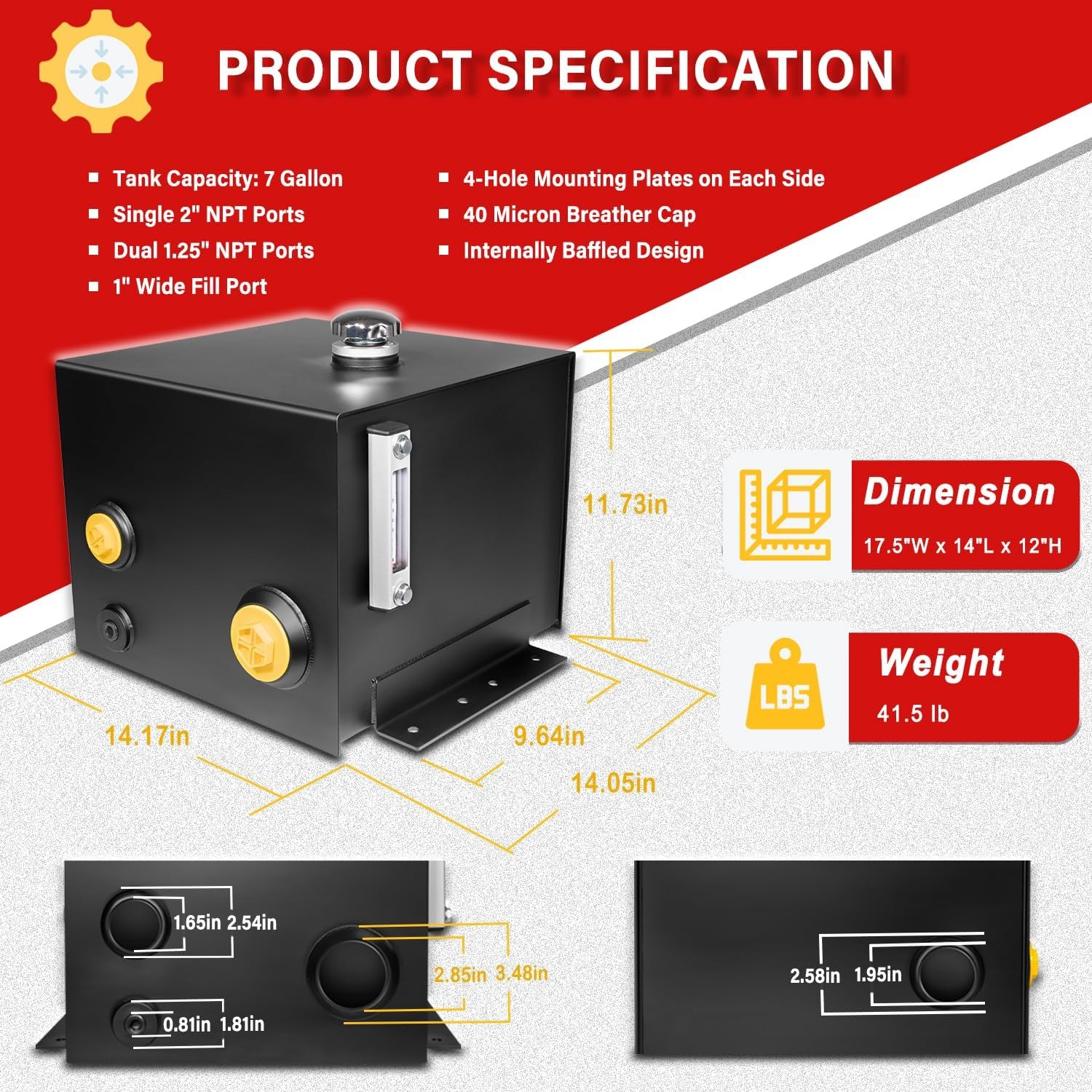 7 Gallon Hydraulic Fluid Reservoir Tank with Temp Gauge, Sight-Gauge & Breather