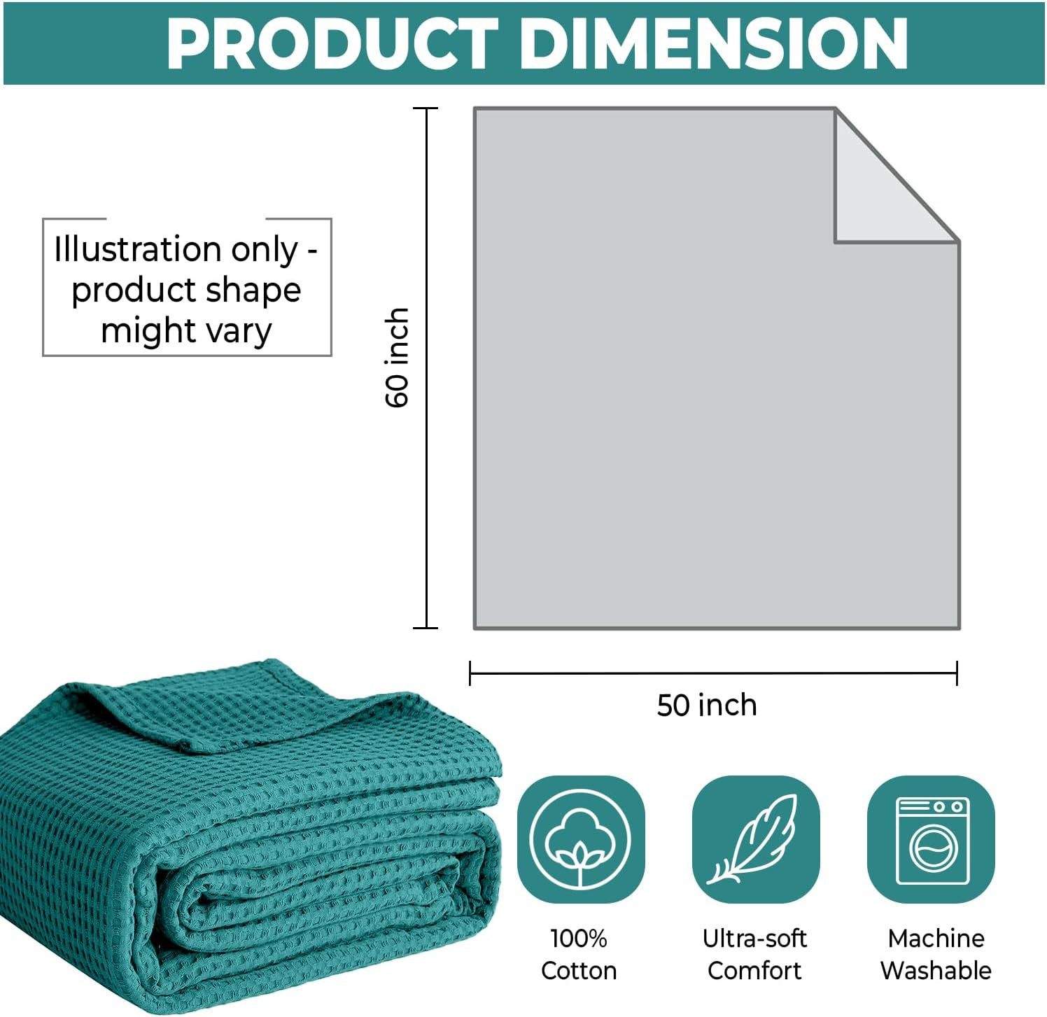 100% Cotton Waffle Weave Blanket Lightweight Soft Teal Throw 50 x 60