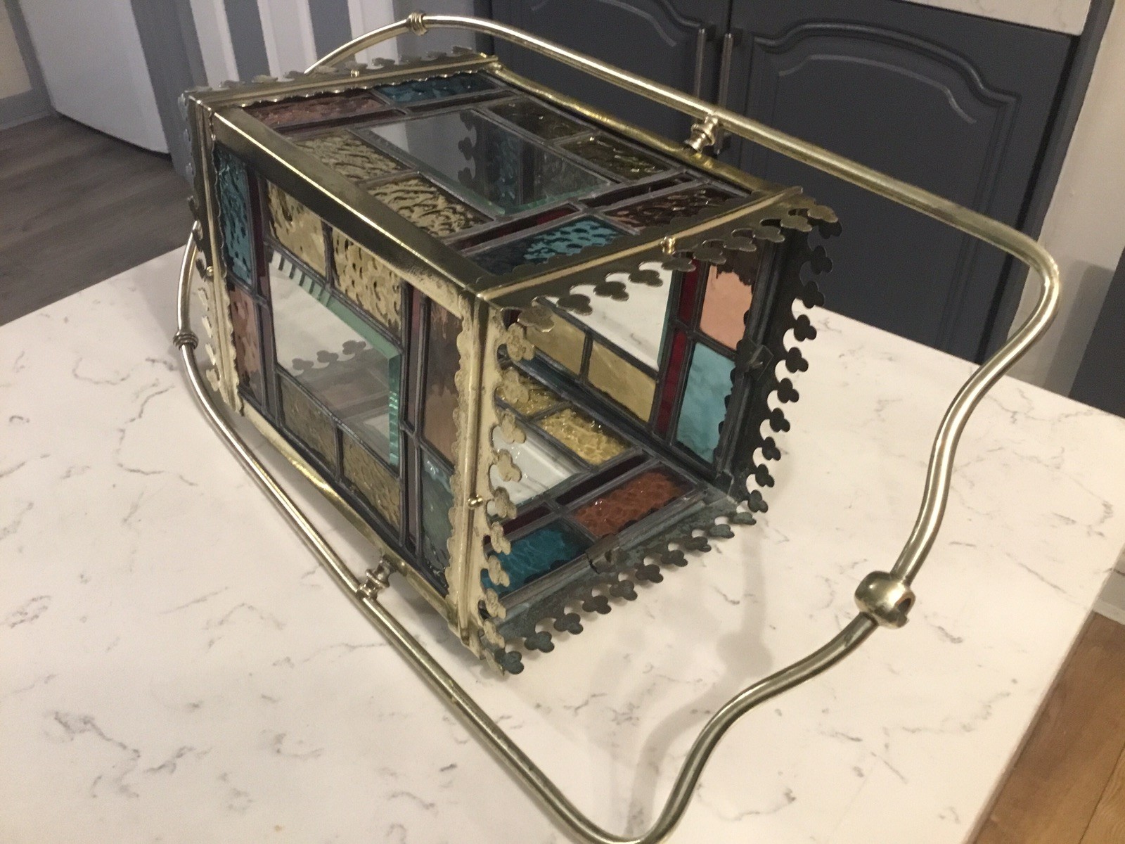 A BEAUTIFUL ANTIQUE BRASS & STAINED GLASS HALL LANTERN ,circa-1870.