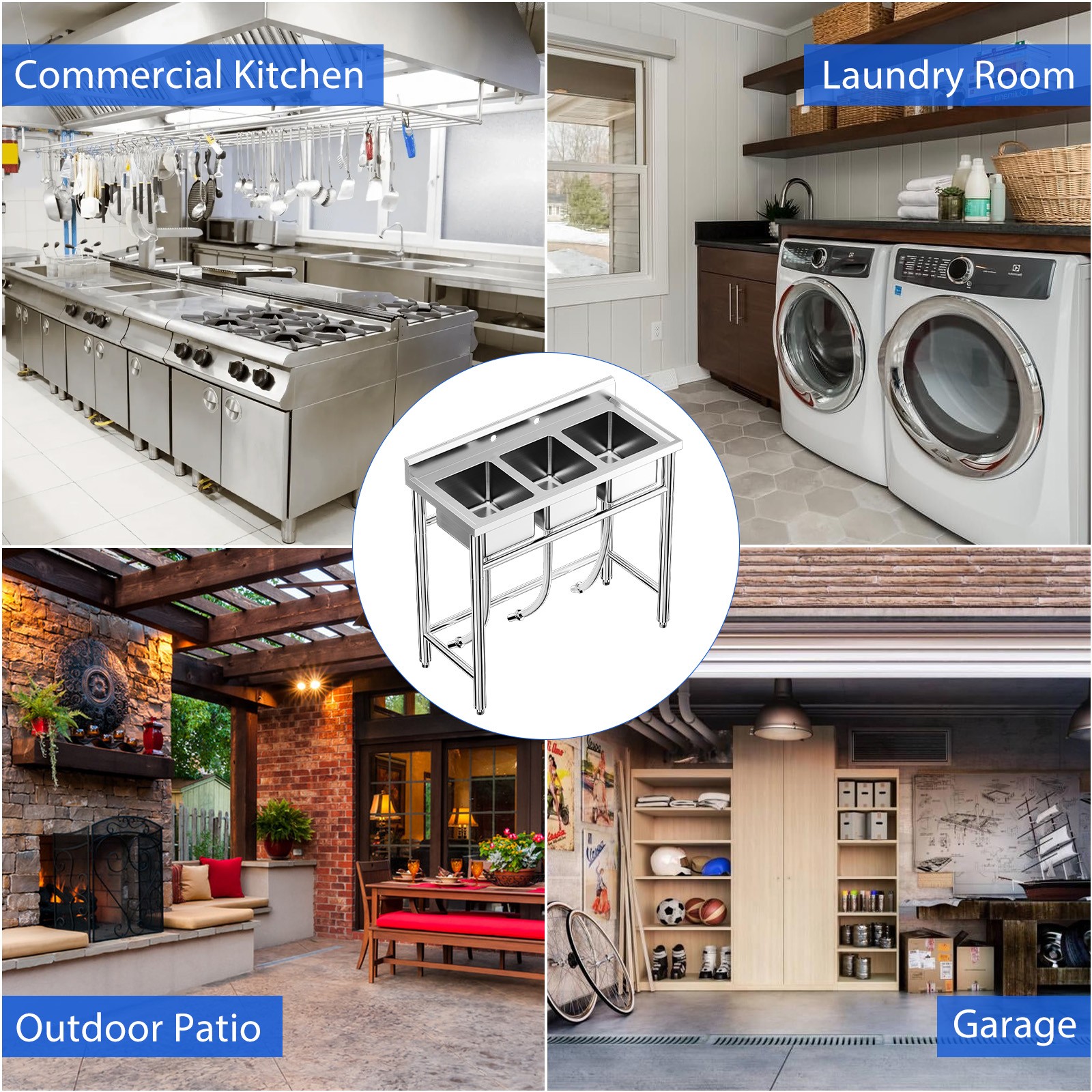 3 Compartment Stainless Steel Sink w/ Hot & Cold Hoses for Restaurant & Kitchen