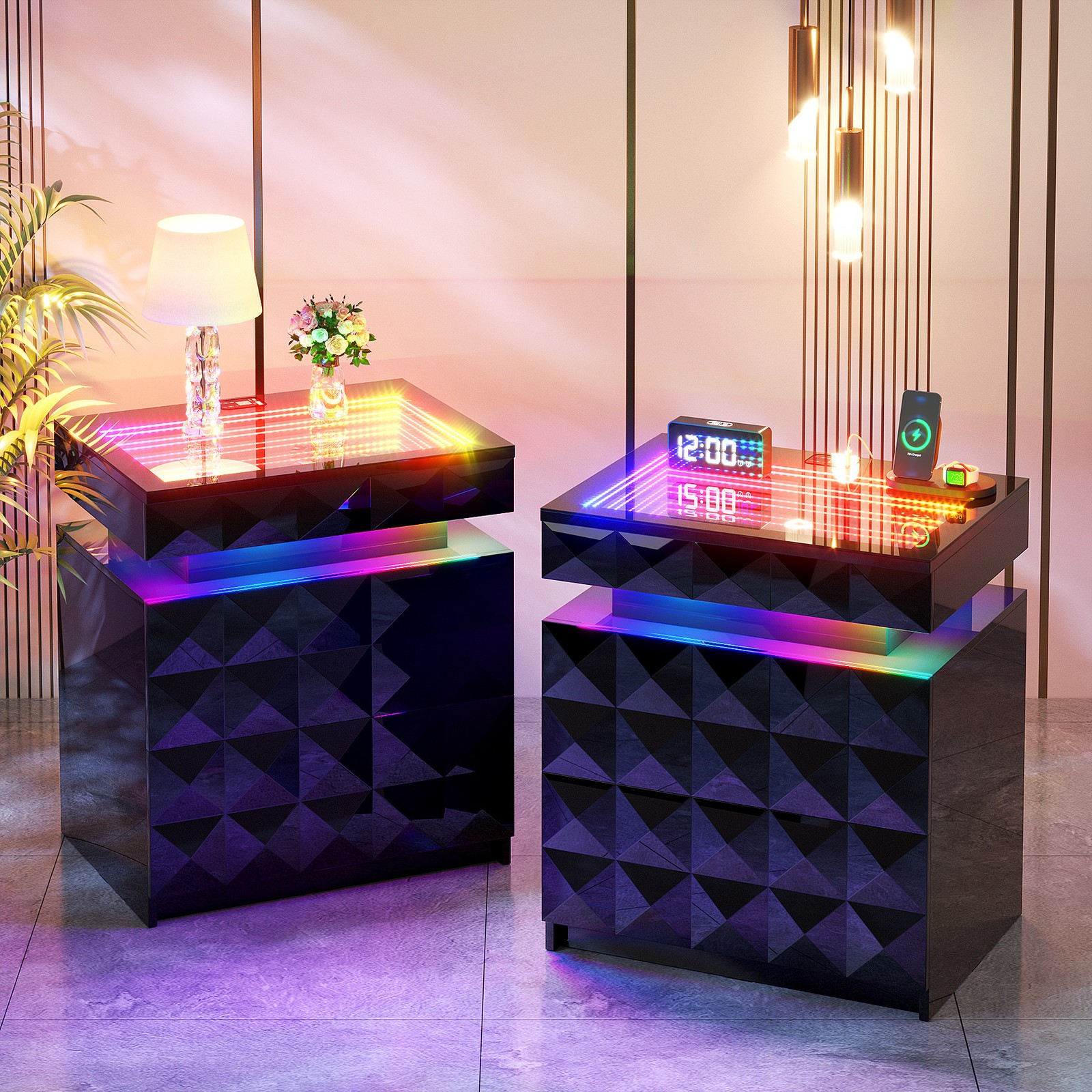 Gurexl Night Stand Set of 2 with RGB Lights- Tempered Glass and Sliding Top