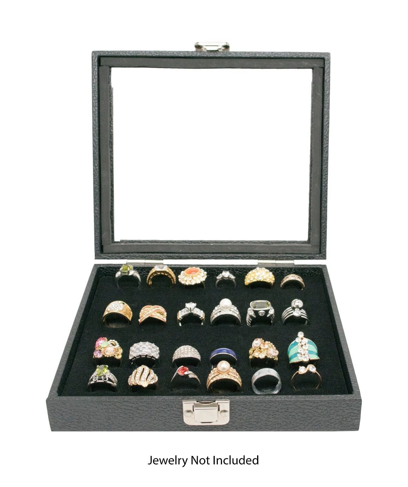 Novel Box Glass Top Black Jewelry Display Case With 36 or 72 Foam Ring Inserts