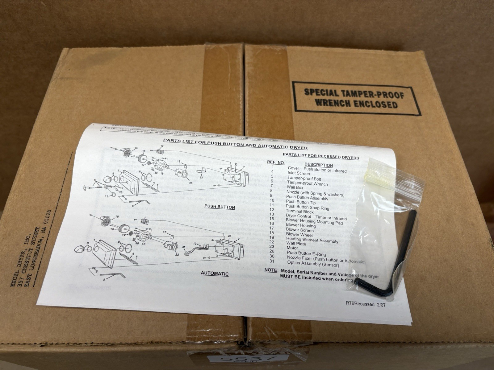 EXCEL Dryer R76-IW Sensor Activated Recessed Hand Dryer 110/120 Discontinued NOS