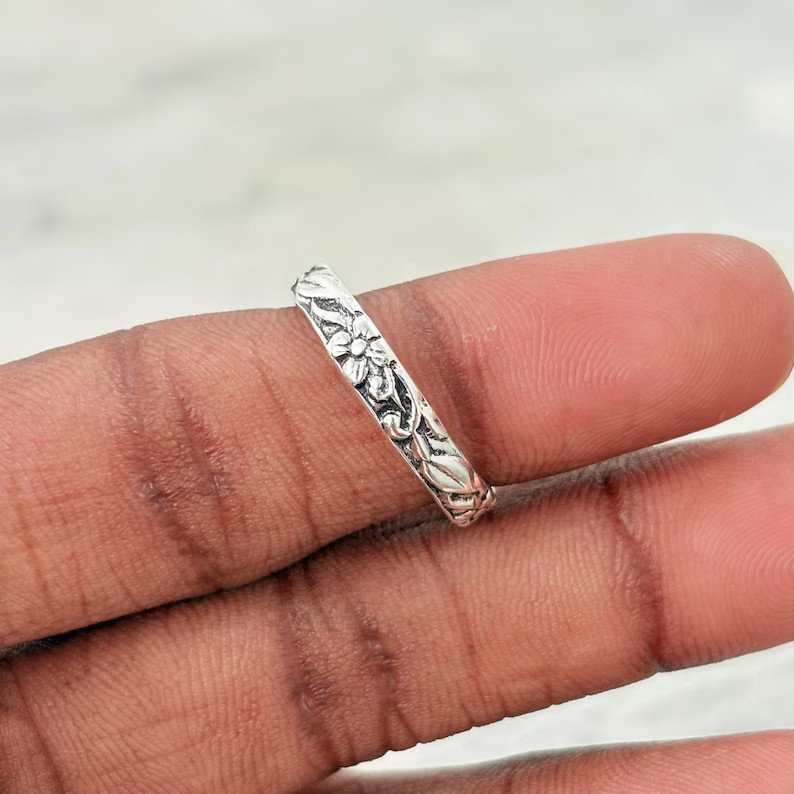 Solid 925 Silver Flower Ring, Sterling Silver Floral Band, Band Ring, All Size