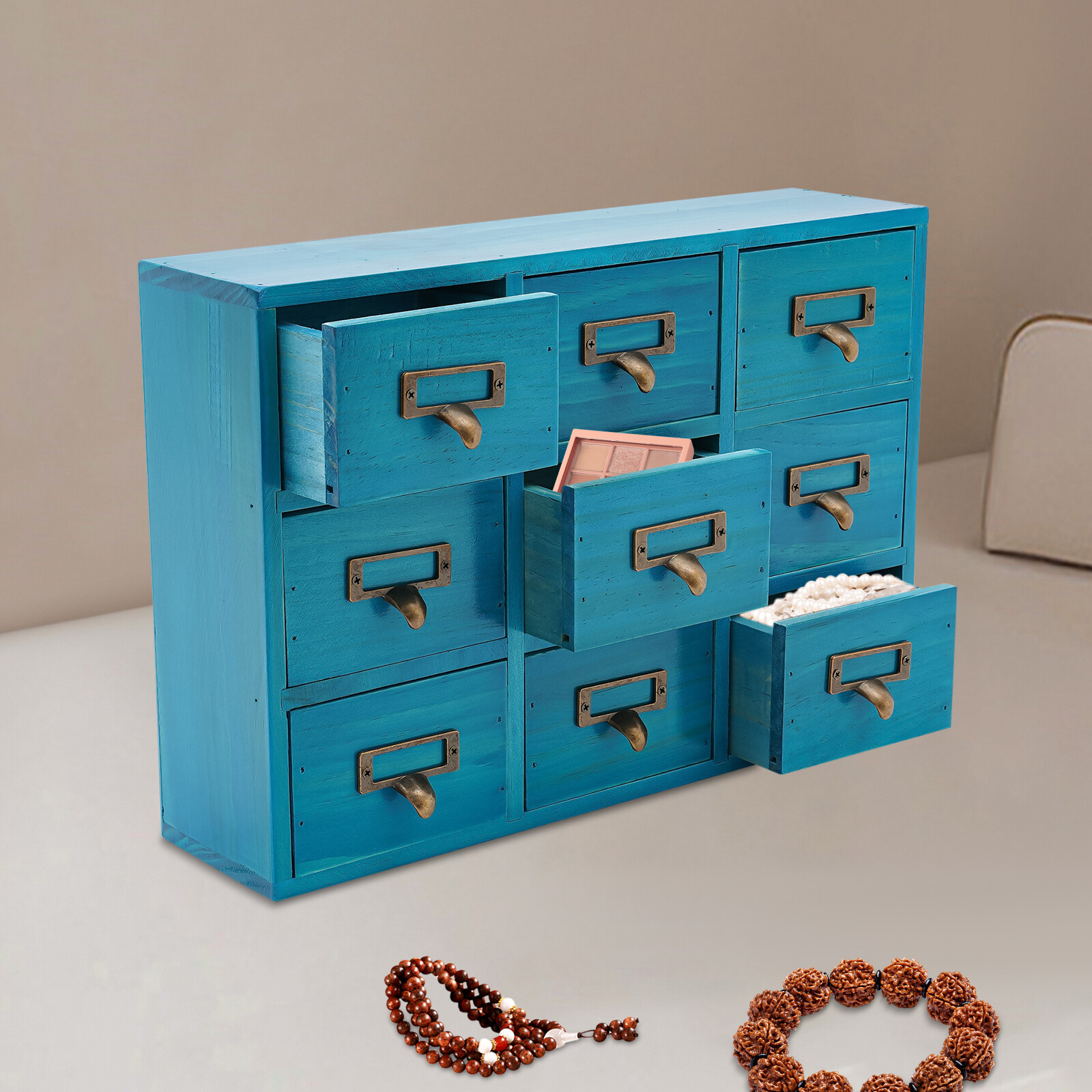 9 Drawers Apothecary Cabinet Case Wooden Desk Drawer Organizer Herb Storage Box