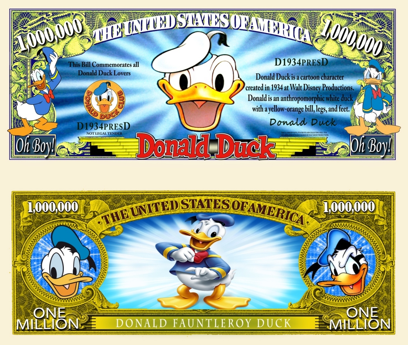 Donald Duck Million Dollar Bill Play Funny Money Novelty Note + FREE SLEEVE
