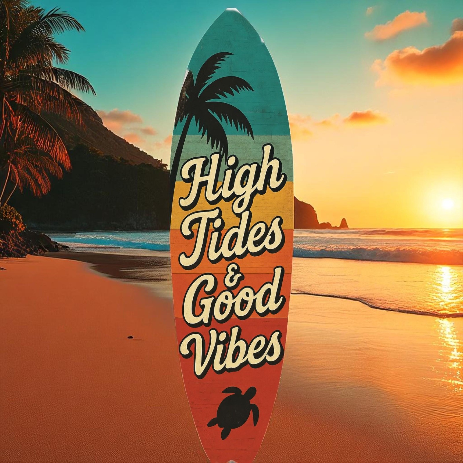 High Tides Good Vibes Surfboard Sign, Coastal Wall Decor, Beach Art, 3 - 5 Feet