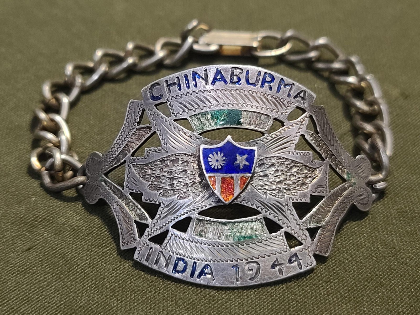 WWII China Burma India CBI 1944 Sweetheart Bracelet US Army Enamel Soldier 1940s