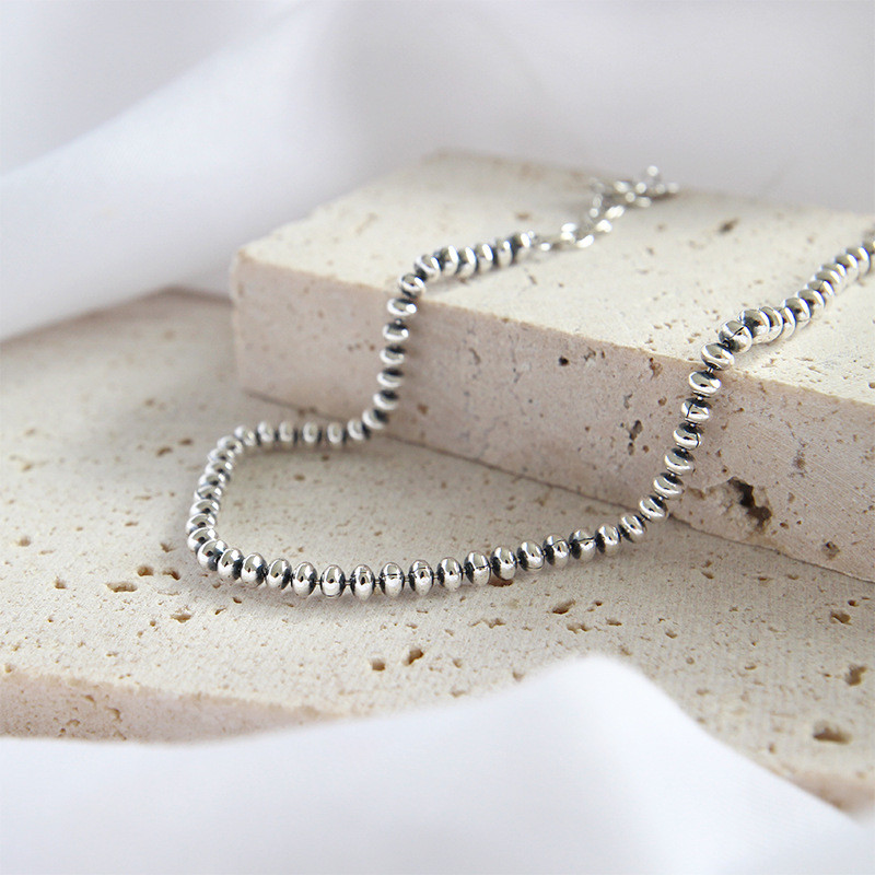 3mm Womens Genuine S925 Sterling Silver Flat Bead Chain Bracelet Retro 7.28''