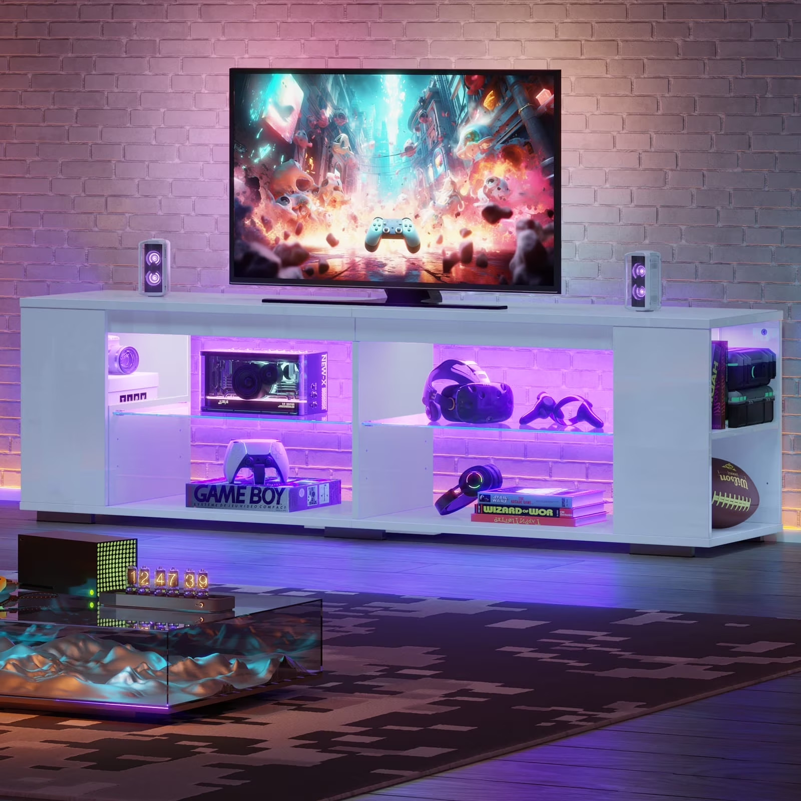 LED TV Stand for TVs up to 80", Gaming Entertainment Center with Lights - White