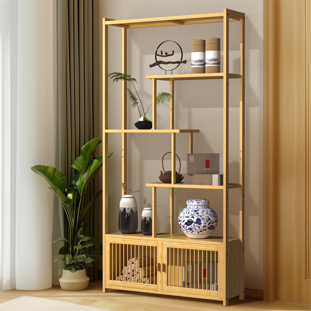 Bamboo 6-tier Storage Rack Blind Door Cabinet Staggered Shelf Etagere Bookcase