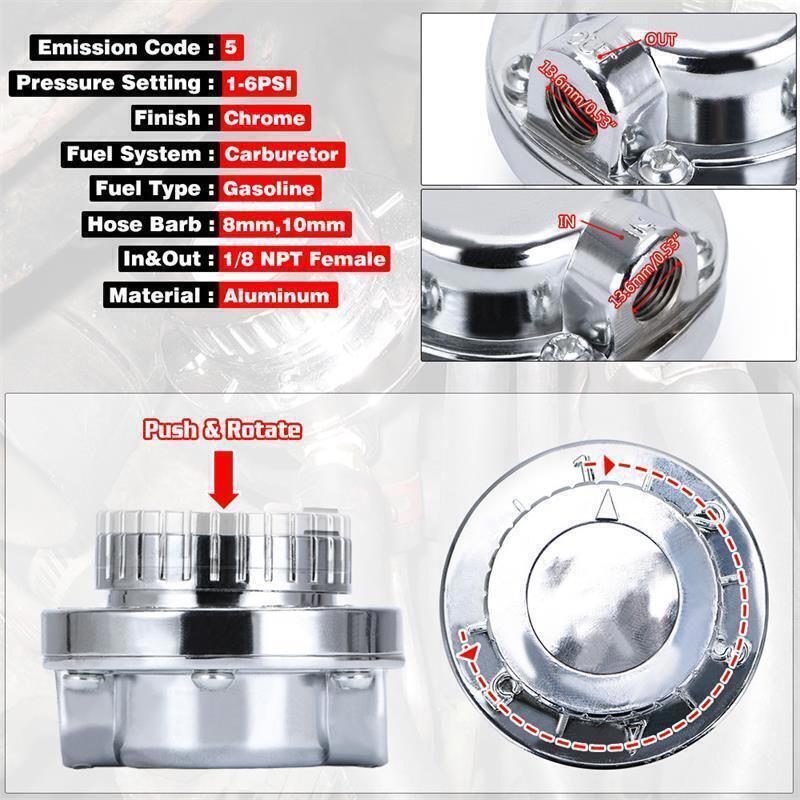 Universal 1-6 PSI Adjustable Fuel Pressure Regulator Kit For Carburetor Engine