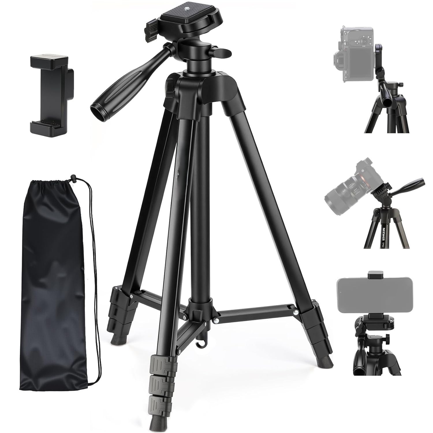 55" Portable Heavy-Duty Tripod for Phone & Camera w/ Cold Shoe Aluminum alloy