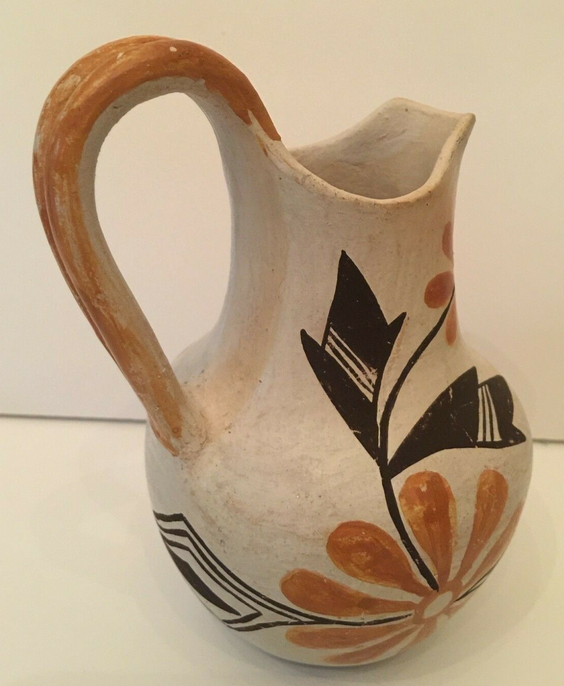 Vintage Acoma New Mexico Pottery Handmade Pitcher Hand Painted Floral 6" Tall