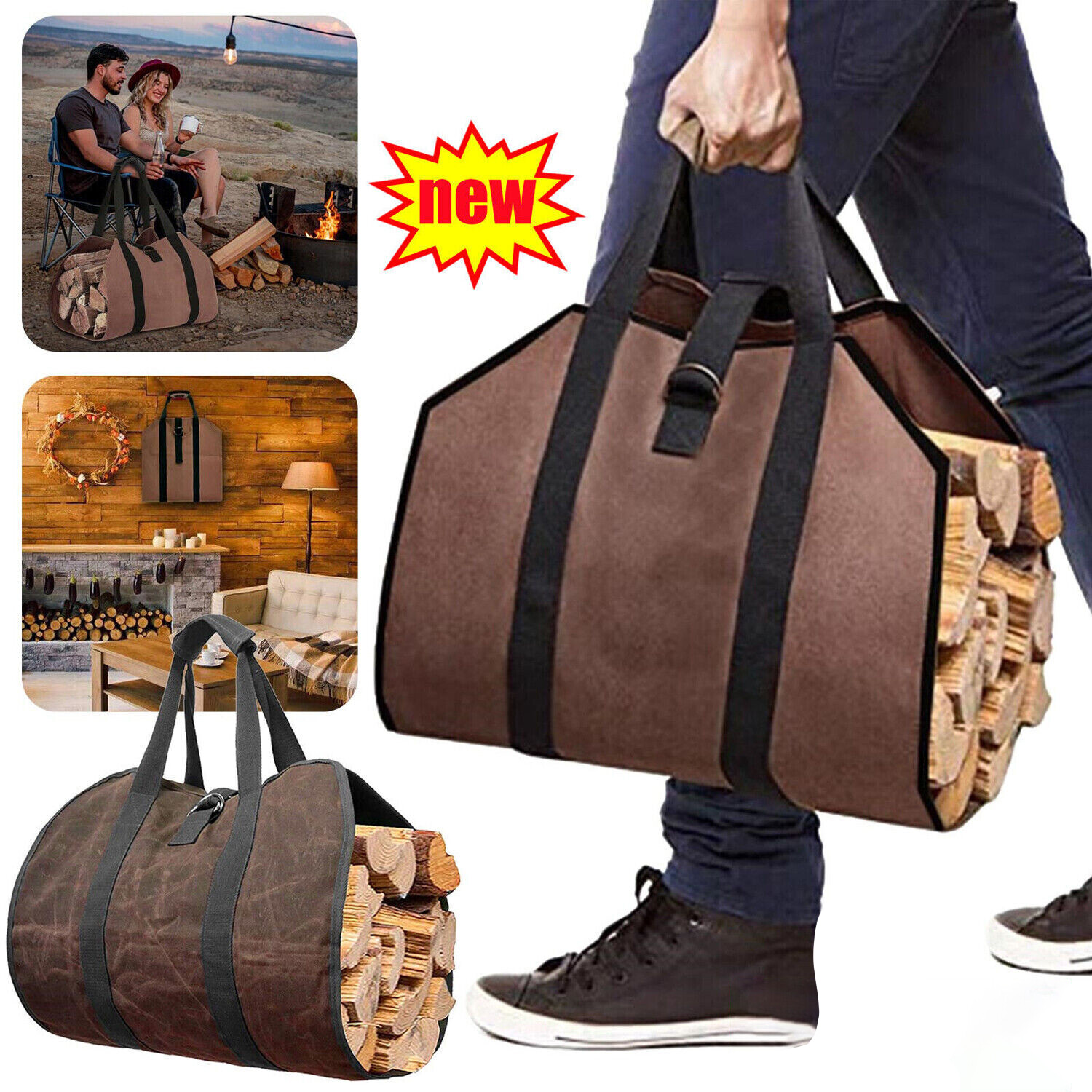 Firewood Log Carrier Bag Heavy Duty Waxed Canvas Log Tote Holder for Fireplace