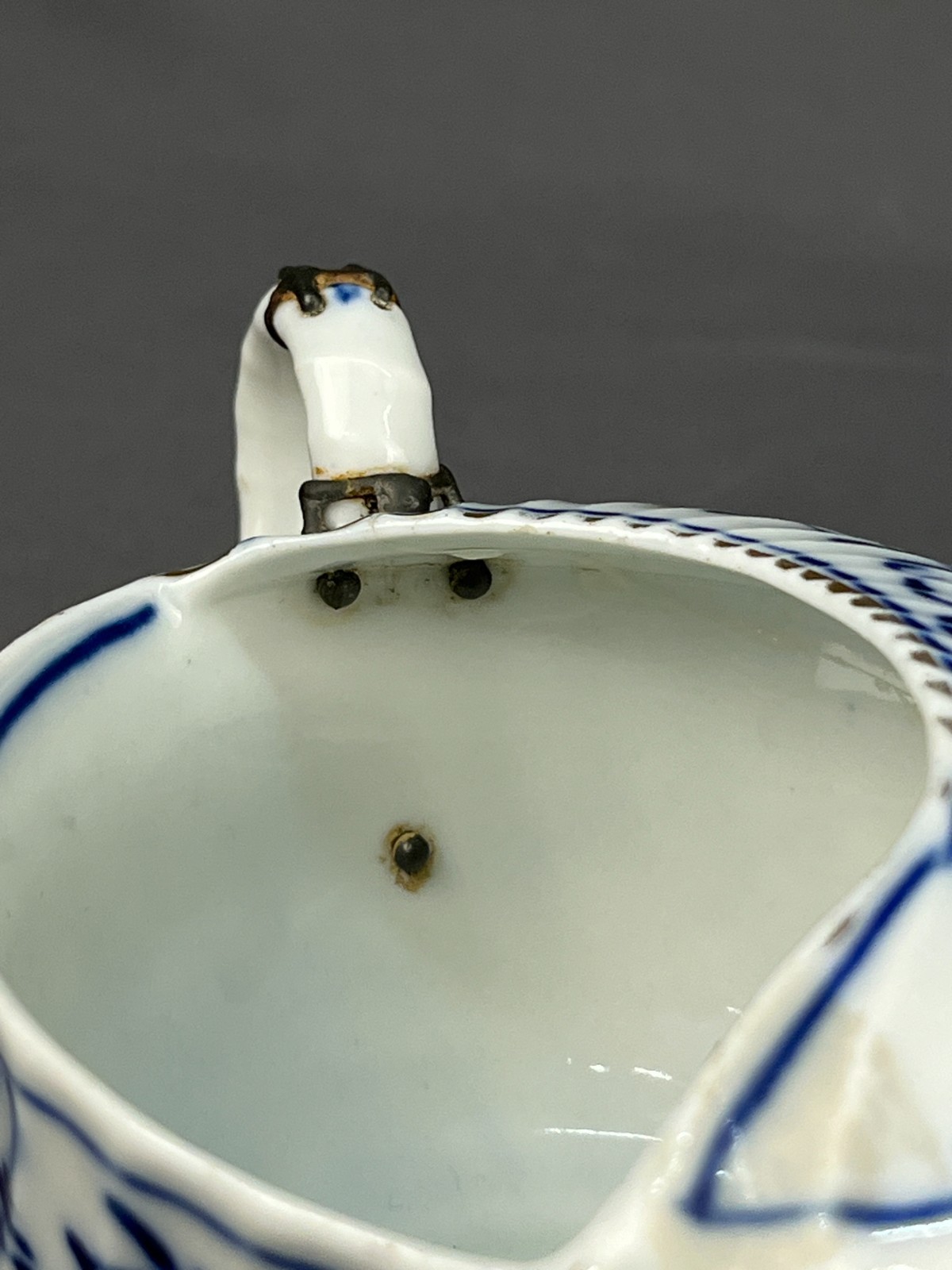 Royal Tettau BLUE ONION Invalid Feeder Pap Boat w/STAPLE REPAIR MAKE DO c. 1885