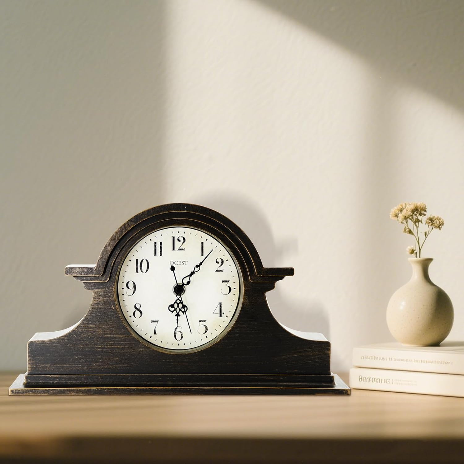 Vintage Farmhouse Mantel Clock - 13 x 7 Inch Quartz Gilt Finish Battery Operated