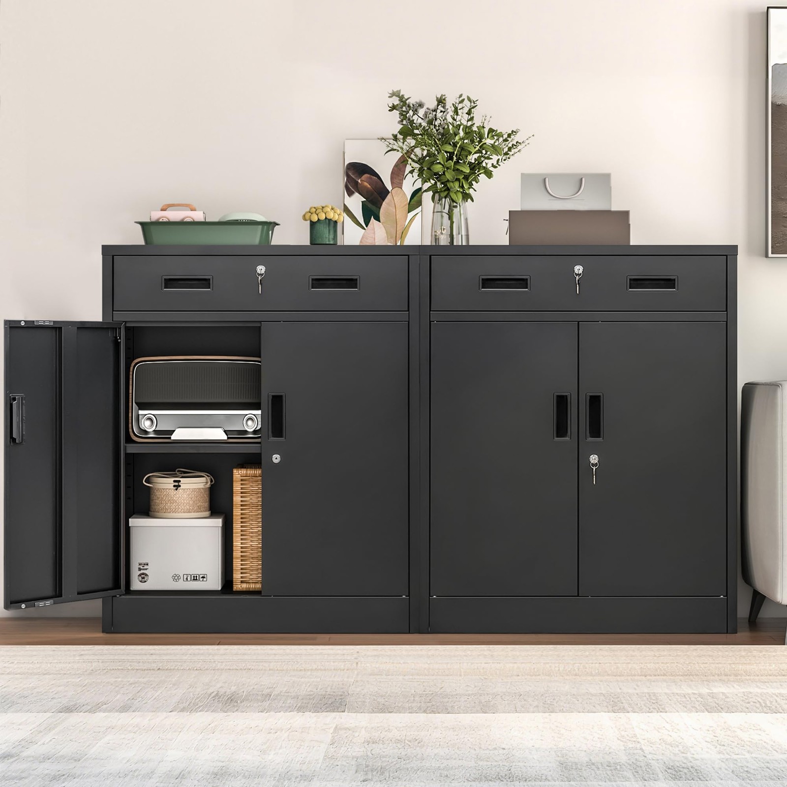 Metal Storage Cabinet, Locking Cabinet with One Drawer and Adjustable Shelf