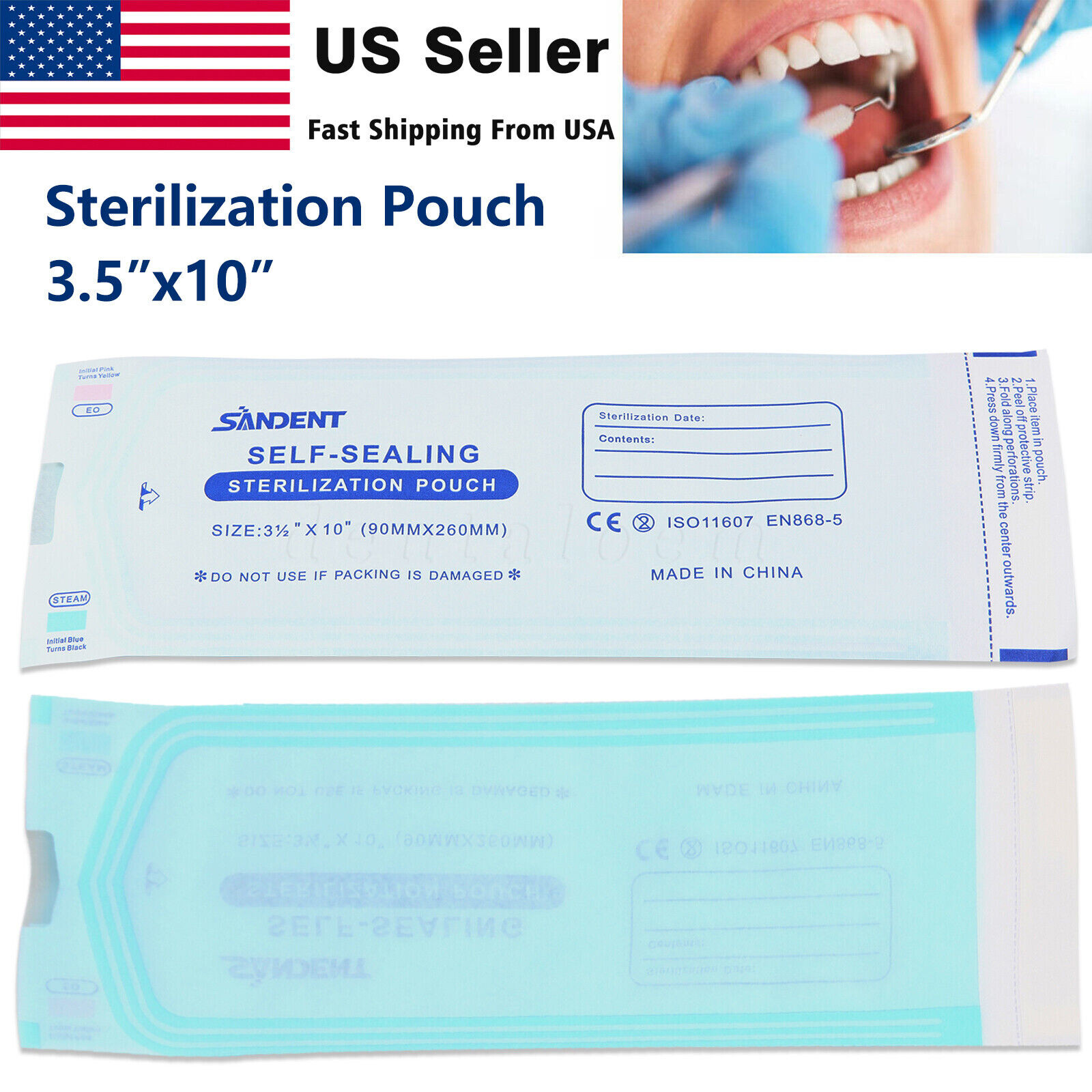 1000 3.5" x 10" Dental Sterilization Pouches Sterilizer Autoclave Bags Tool Nail