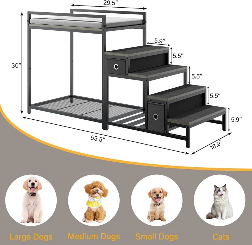 Dog Bunk Bed with Stairs & Storage Pet Bed Attaches to Human Bed Bedside