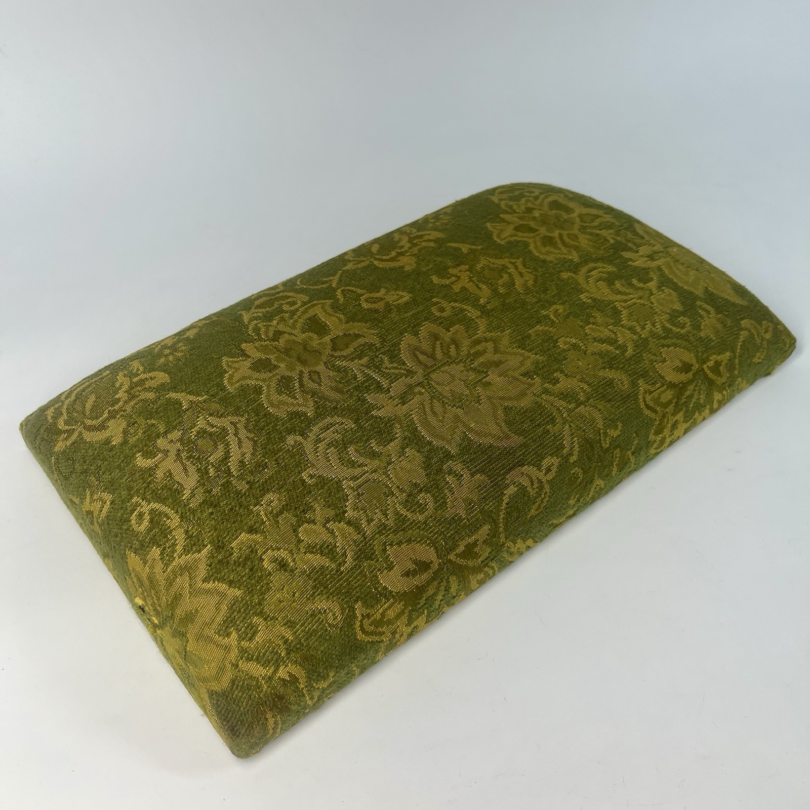 Antique Mission Style Arts & Crafts Wood Foot Stool w/ Green Damask Fabric Top