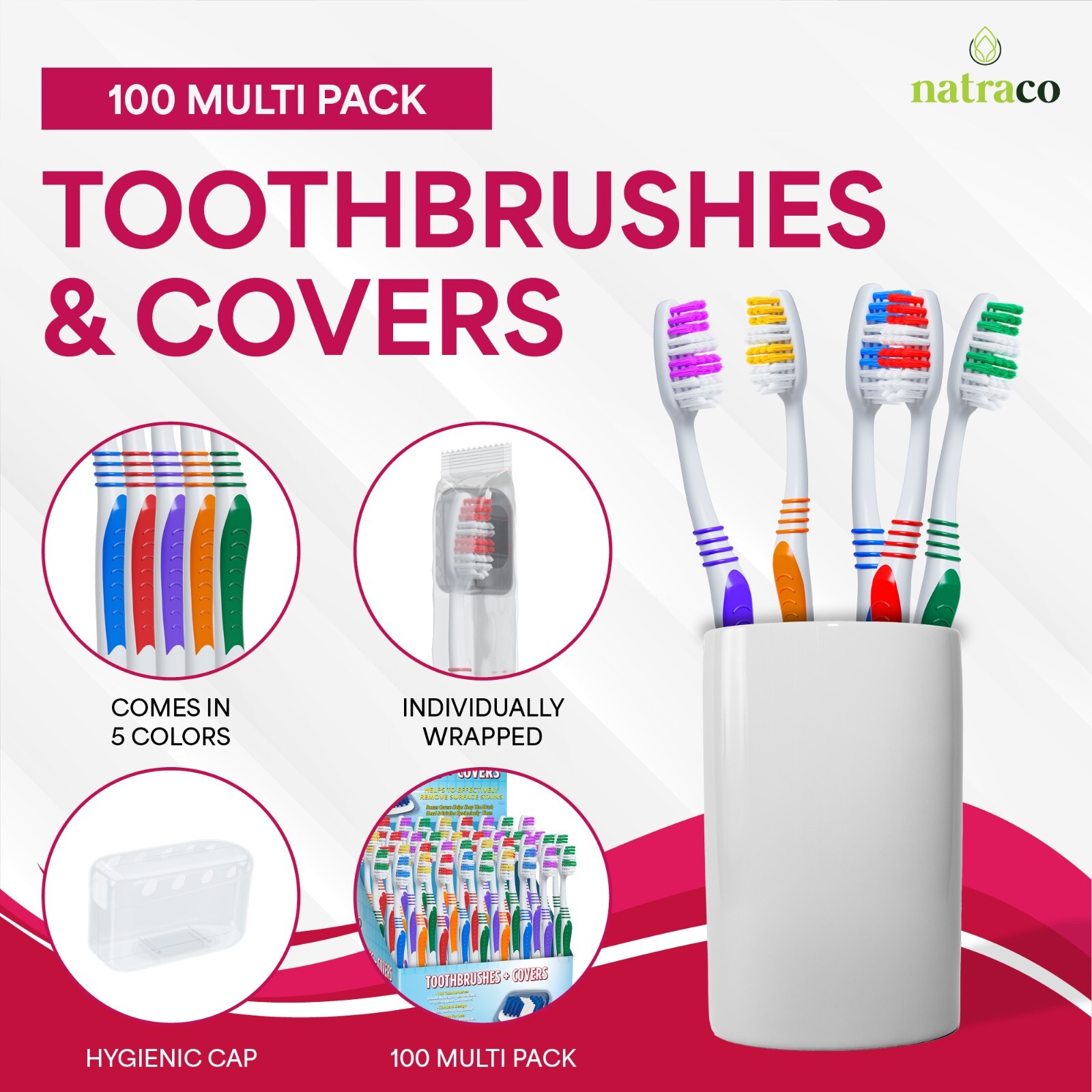 100 Bulk Toothbrushes + Caps, Individually Wrapped, Medium Soft "DAMAGED CARTON"