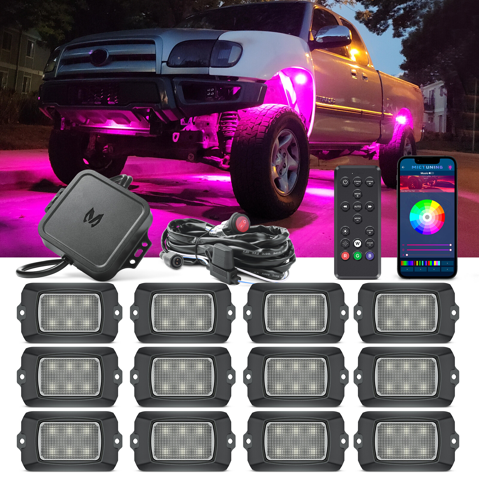 MICTUNING Q1 RGBW LED Rock Lights,12 Pods Underglow Neon Multicolor Lighting Kit