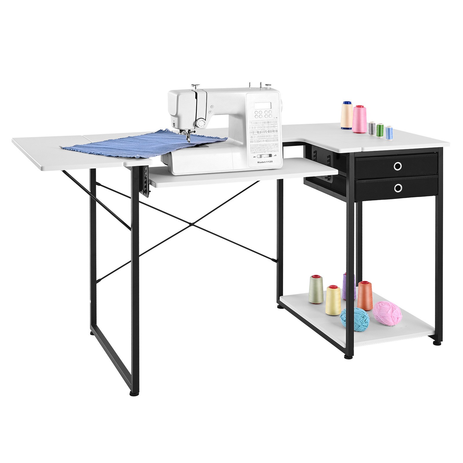 Uimoso Multipurpose Sewing Machine Table with Drawers and Foldable Shelf