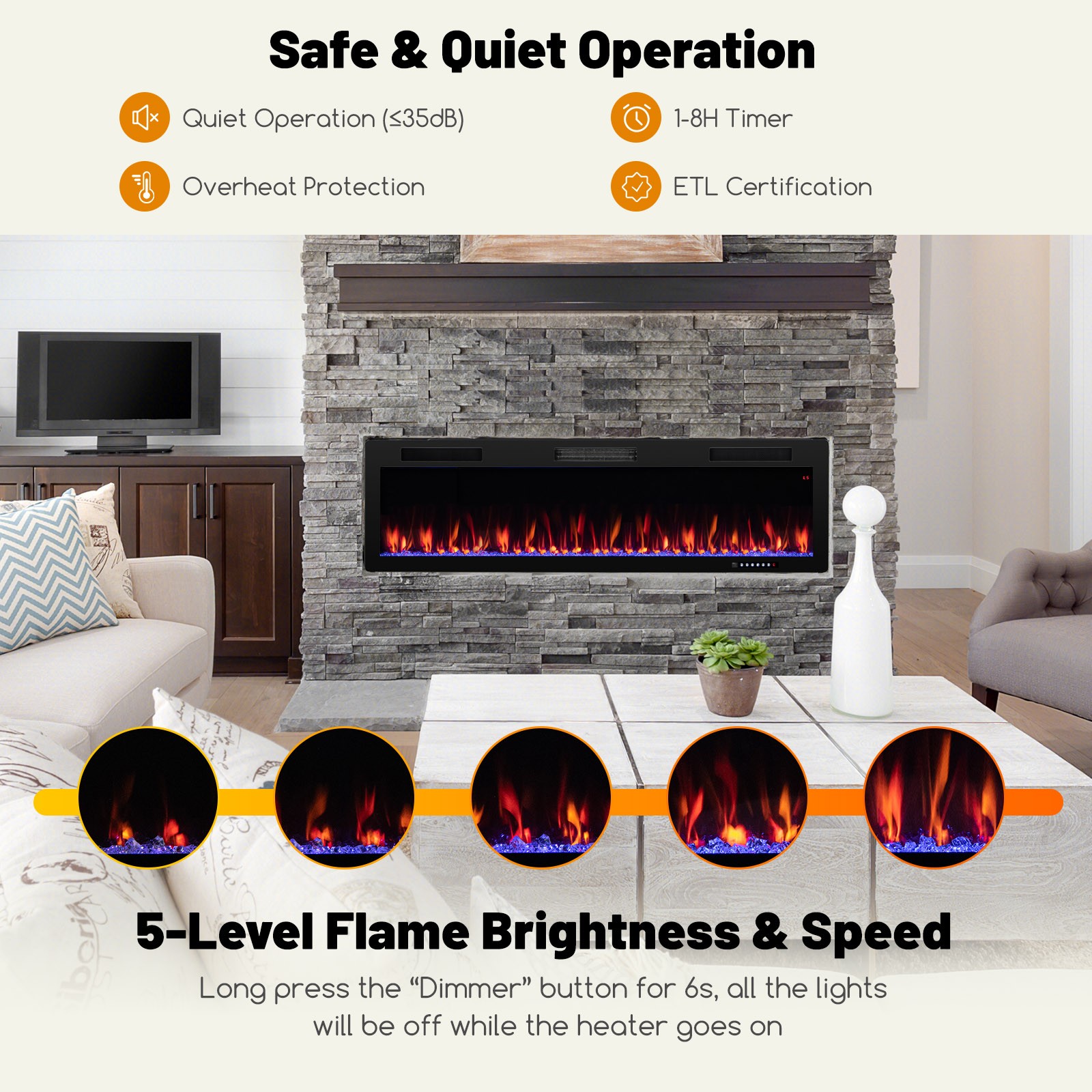 60" Linear Electric Fireplace 1500W Recessed Wall-Mounted w/ Multi-Color Flame