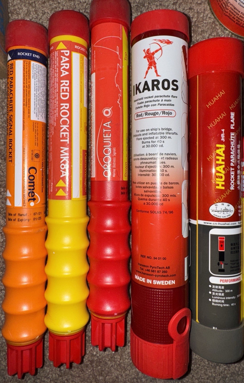 5pc RED PARACHUTE SIGNAL Flares ultra bright Pyro Mg based (USCG CERT SOLAS 74)