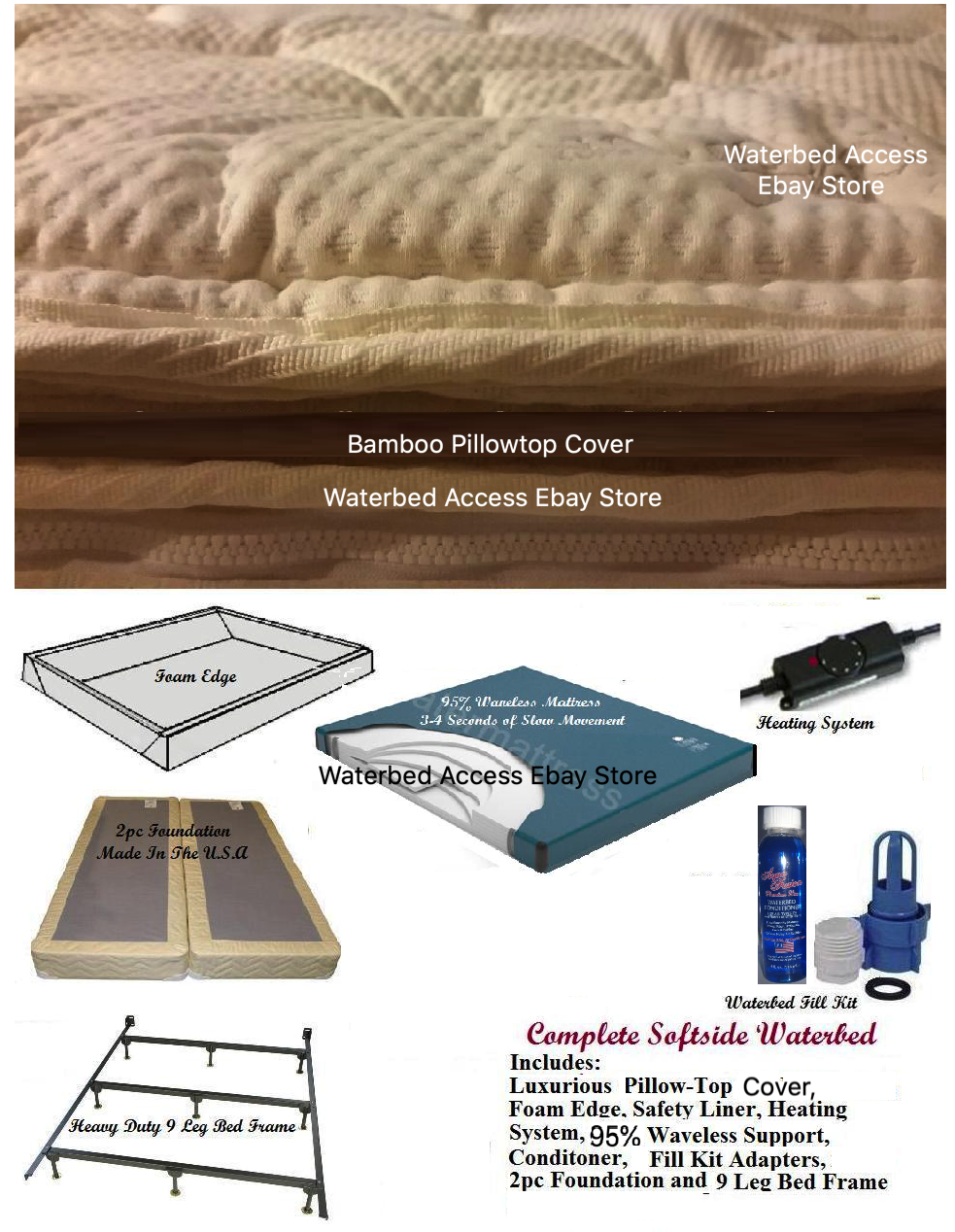 KING SOFTSIDED WATERBED with Dual 95% Waveless, Dual Heaters and Base
