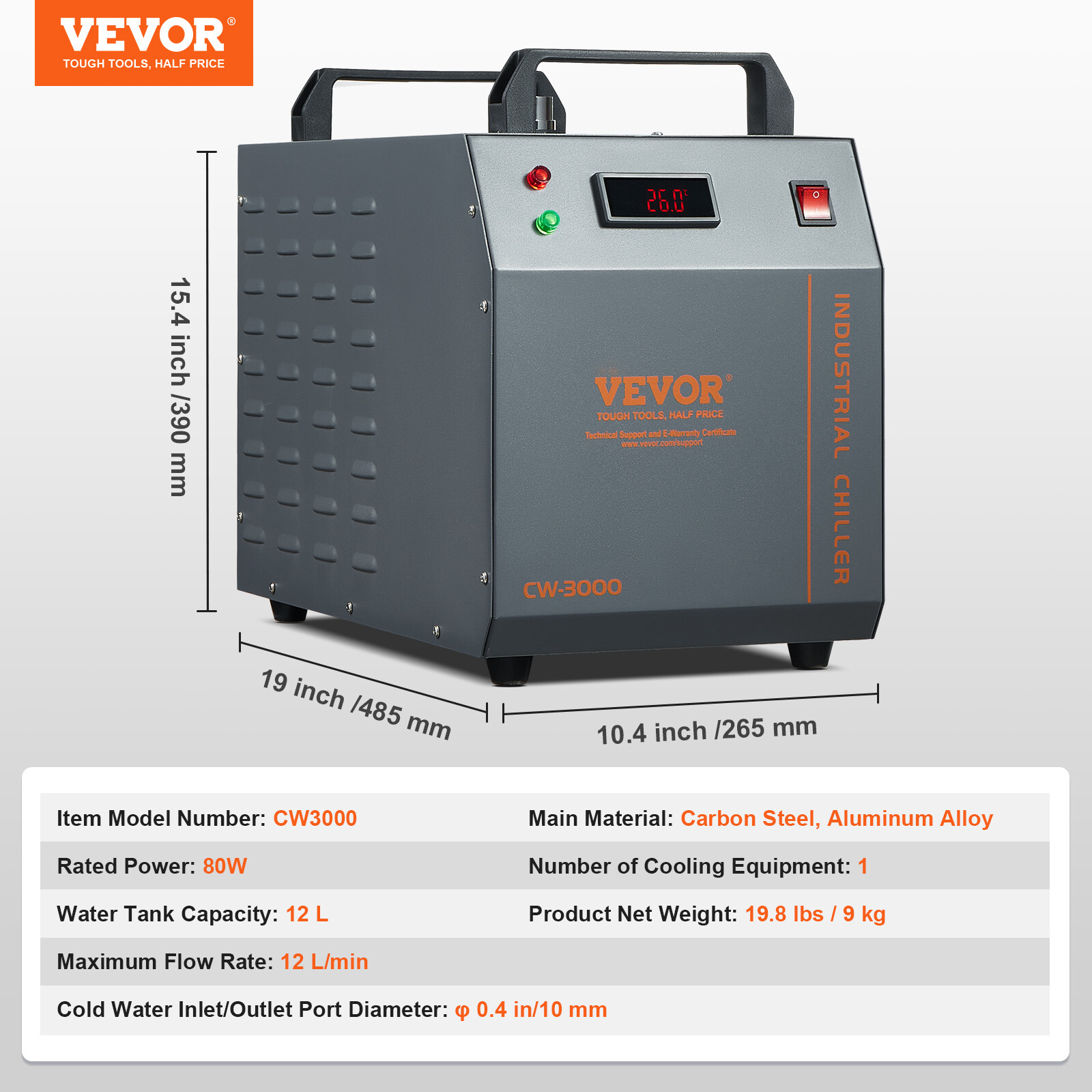 VEVOR Air-cooled Industrial Water Chiller CW-3000 12 L 12 L/min for Laser Tube