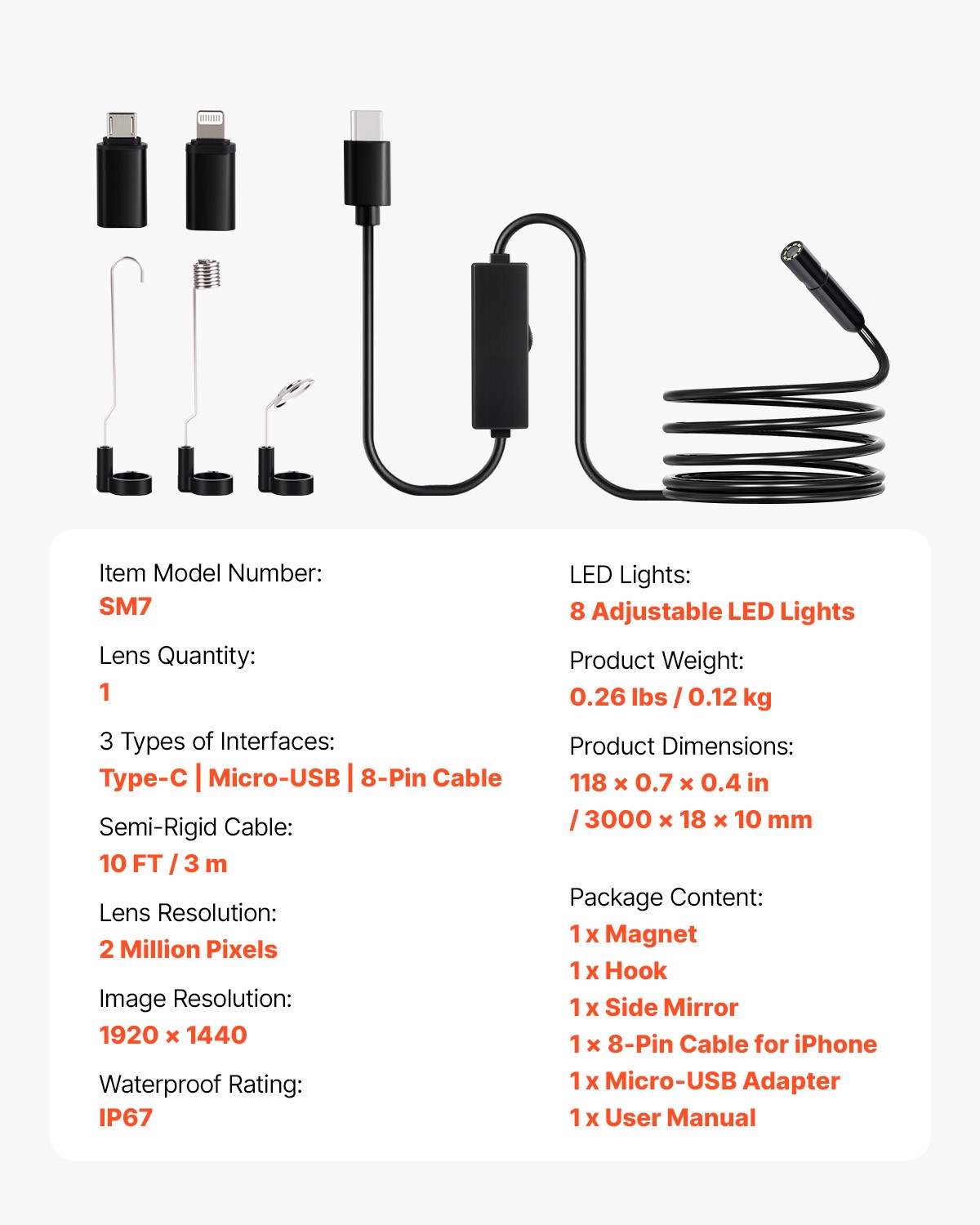 VEVOR Endoscope Camera 1920P HD Borescope for Android & IOS with 10FT Cable