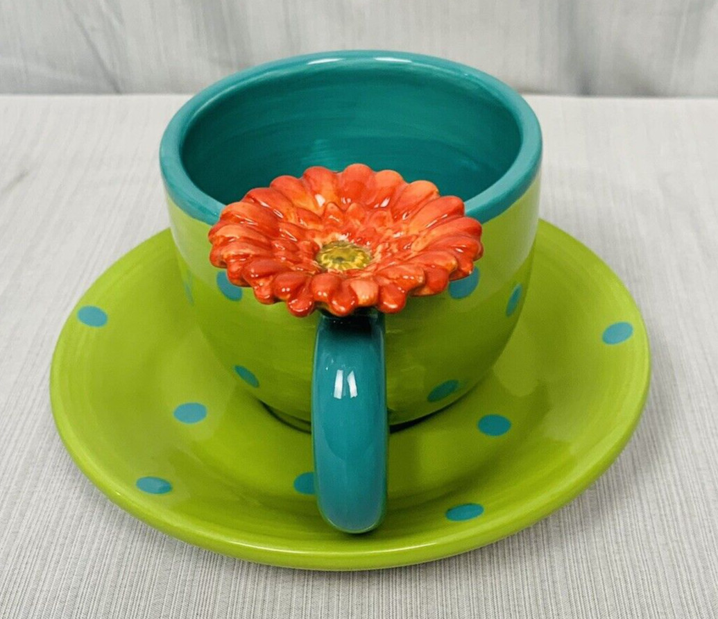 burton+Burton Ceramic Tea Cup & Saucer Polka Dot Flower on Handle Colorful
